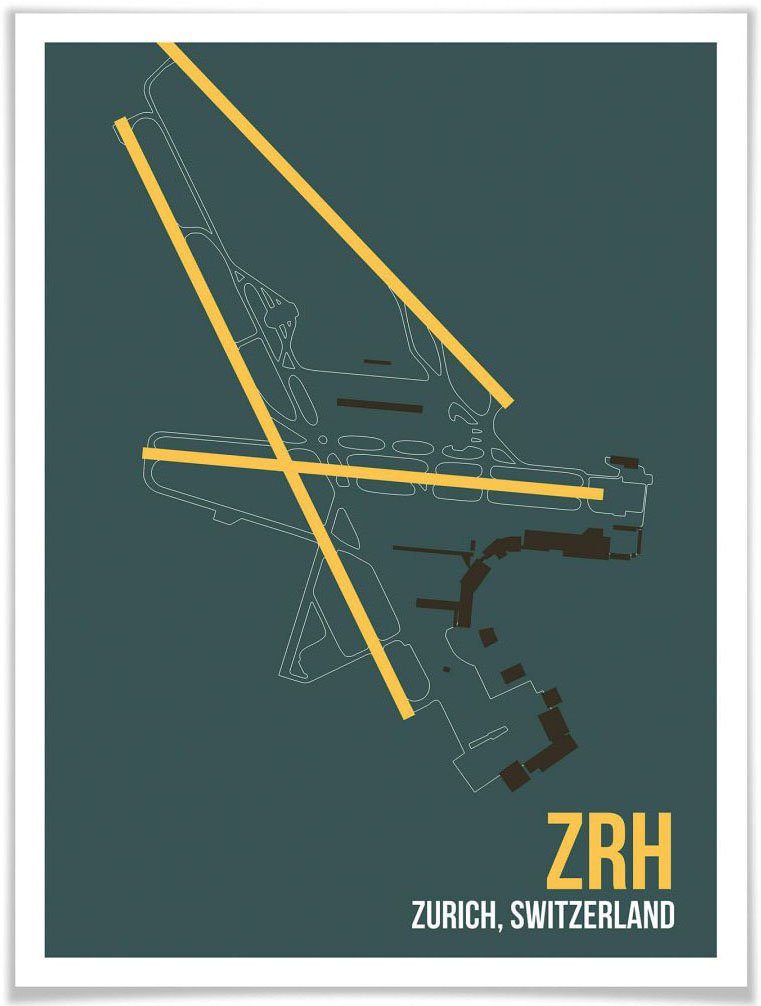 Wall-Art Poster Artprint ZRH plattegrond Zürich Poster, artprint, wandposter (1 stuk)