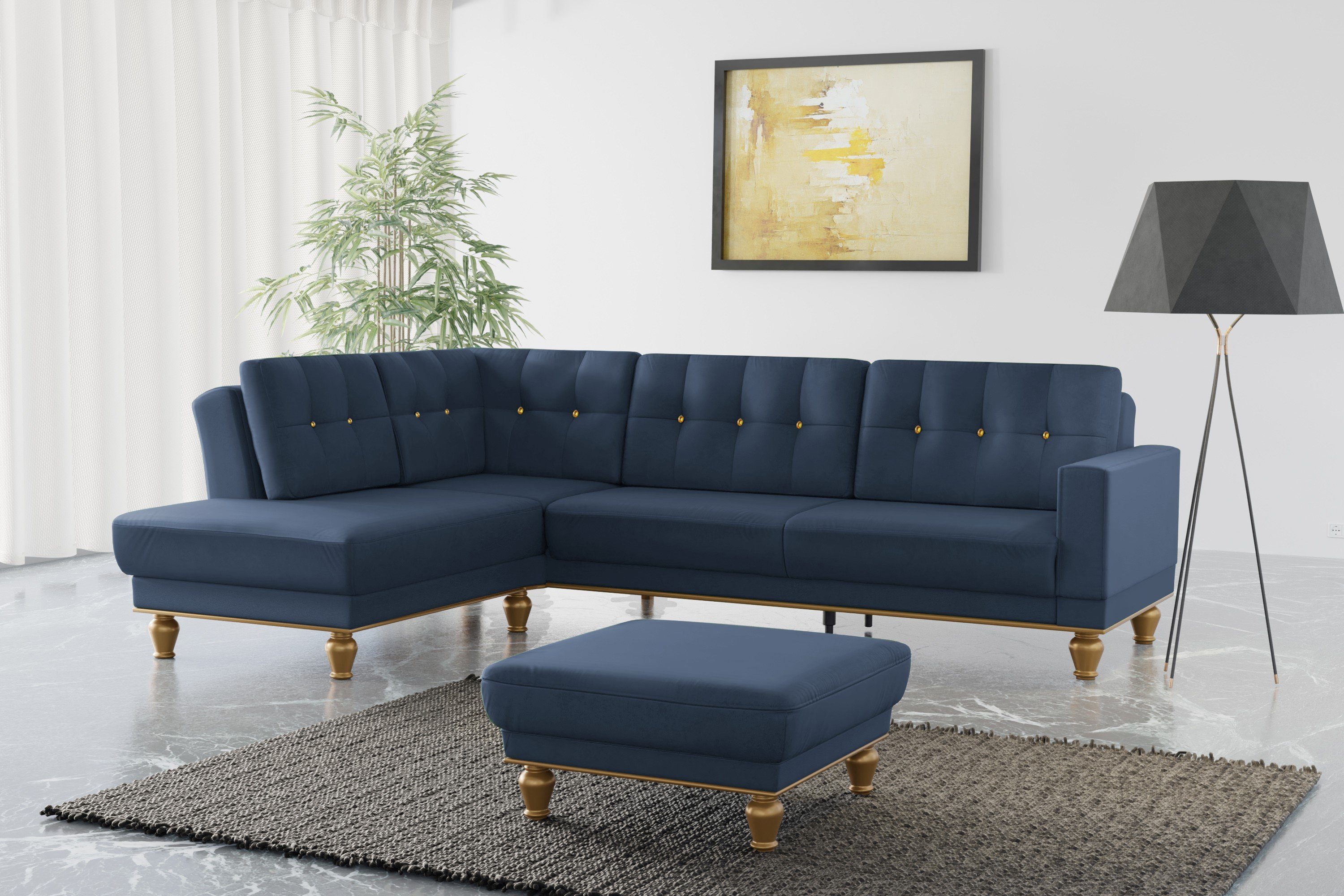 sit&more Hoekbank Orient 5 L-vorm met strassteentjes, naar keuze met slaapfunctie en bedkist blauw, hoekbanken, Zonder slaapfunctie-zonder bedkist,
