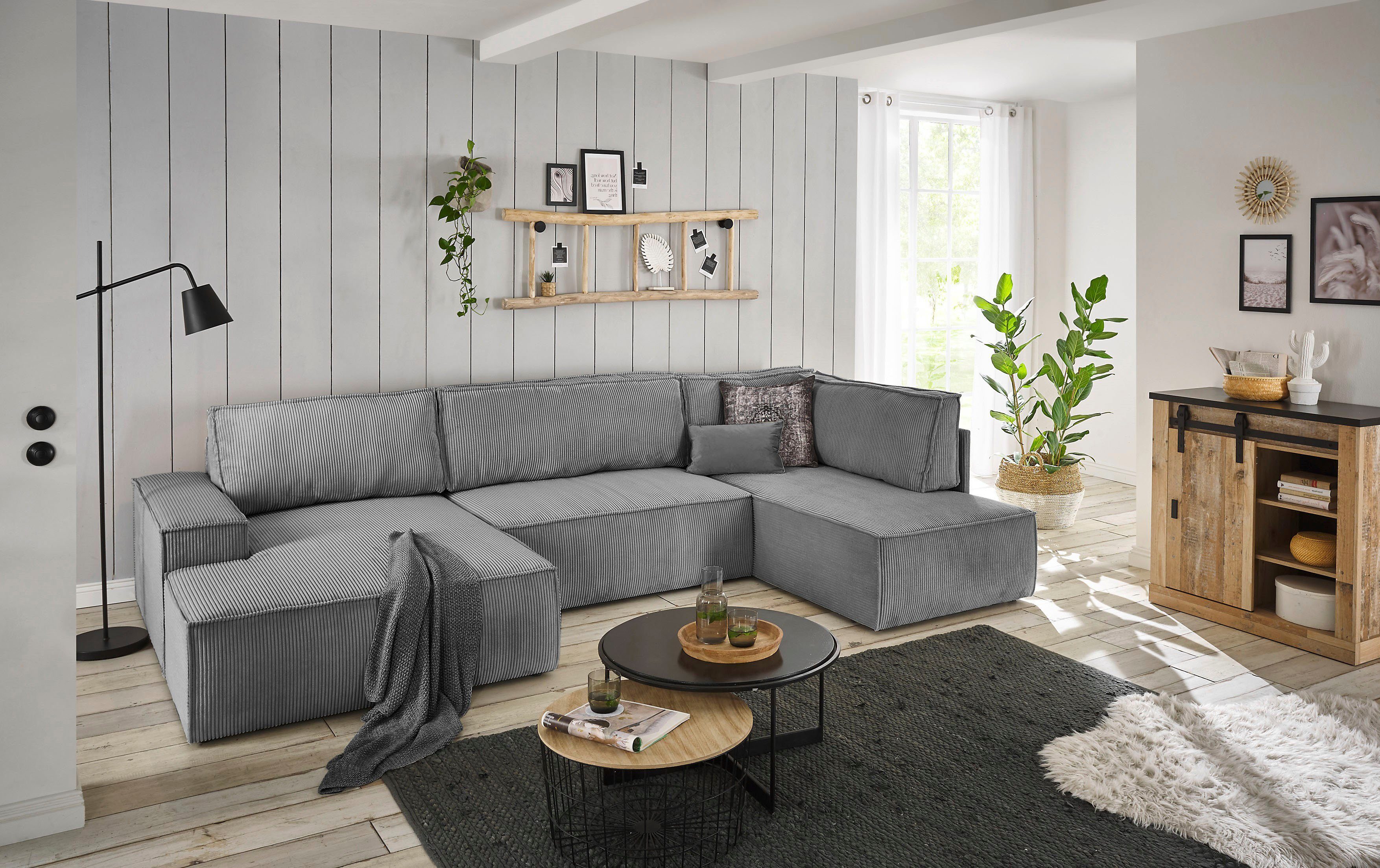 Home affaire Zithoek SHERWOOD 329 cm, U-vorm, slaapbank, Slaapfunctie met bedkist (194x139 cm), cord, vintage, fluweel