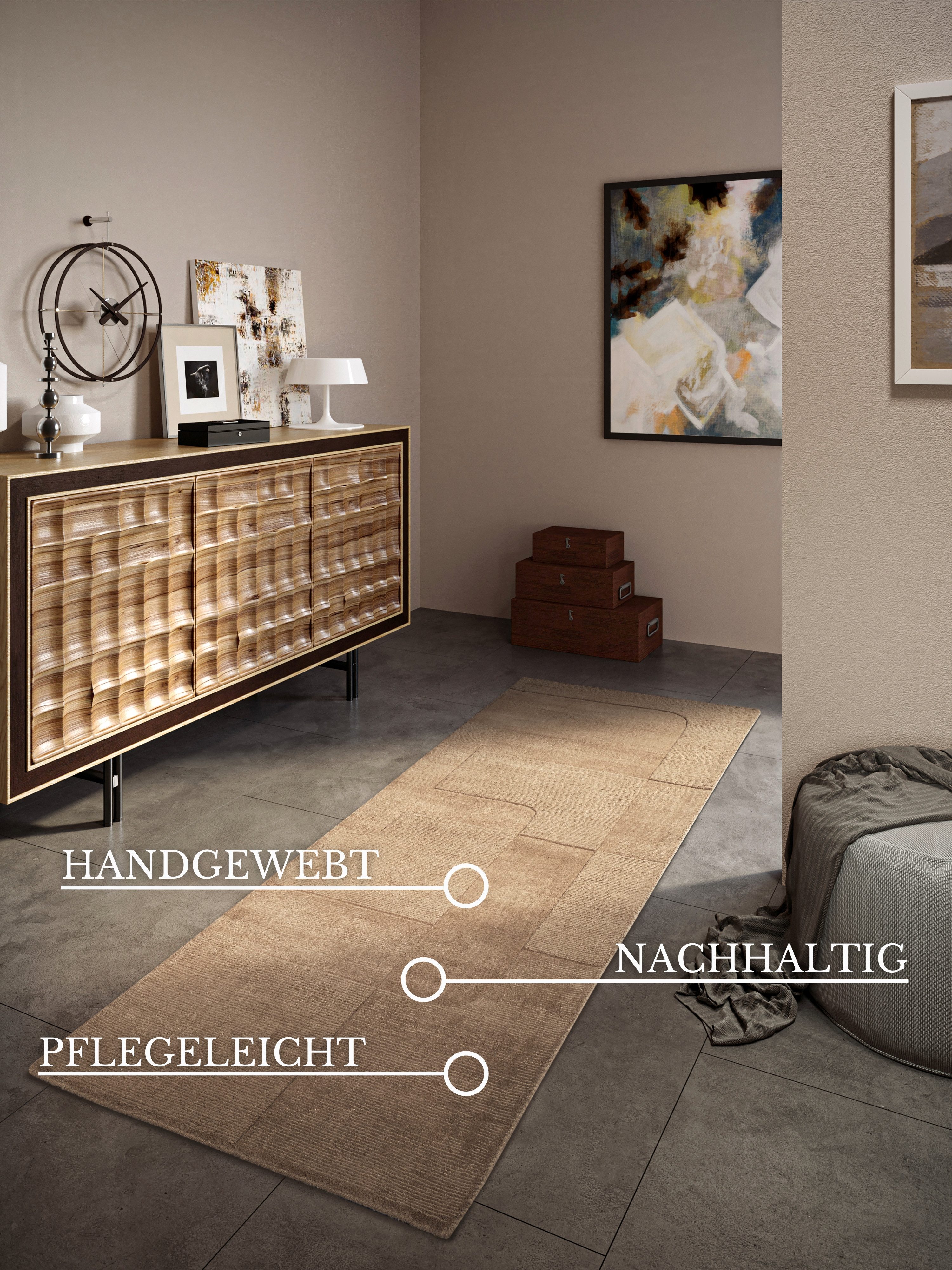 Villeroy & Boch Wollen kleed Charlotte Loper, handgeweven, wol, natuur, loper, woonkamer, geometrie