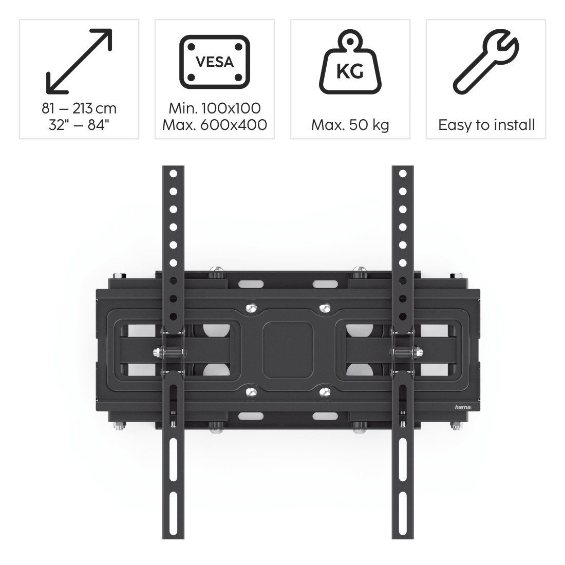 Hama Tv-wandhouder TV wandbeugel, 81 - 213 cm (32 - 84"), full-motion, zwart 43", 50", 55", 65", tot 50 kg, draaibaar, kantelbaar, uittrekbaar