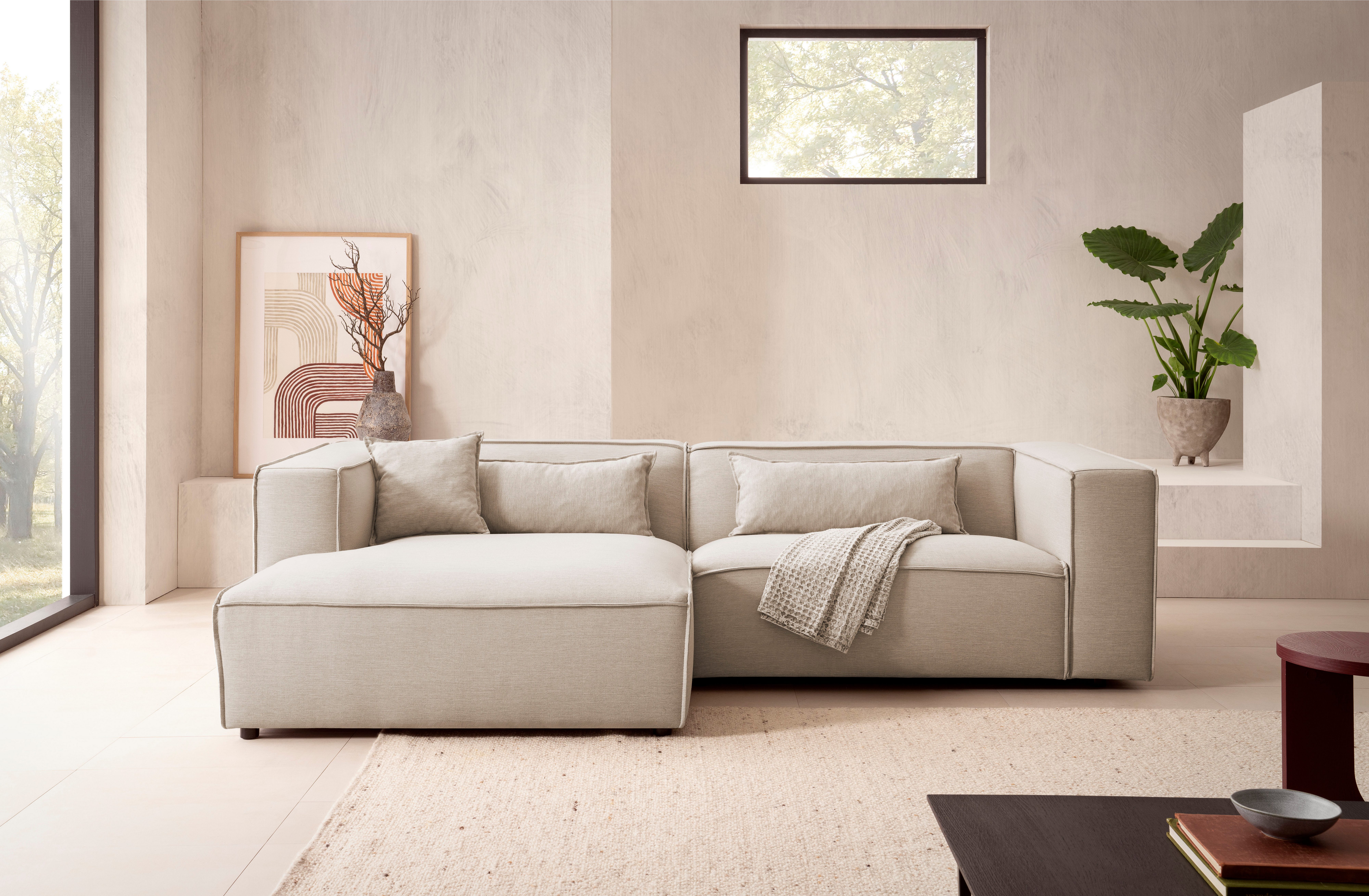 LeGer Home by Lena Gercke Hoekbank PIARA met biesnaad in cord of linnenlook, moderne bank in L-vorm keuze ottomaan rechts/links, zwarte voeten, comfortabel zitcomfort