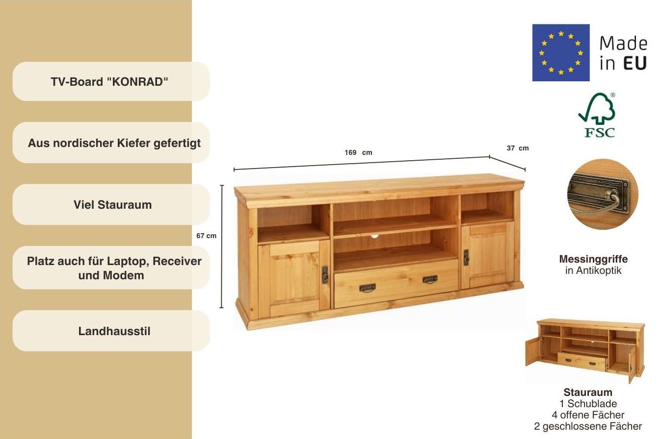 Home affaire Tv-meubel Konrad TV-meubel, TV-kast Breedte 169 cm, hoogte 67 cm, metalen handgrepen, kabeldoorvoer