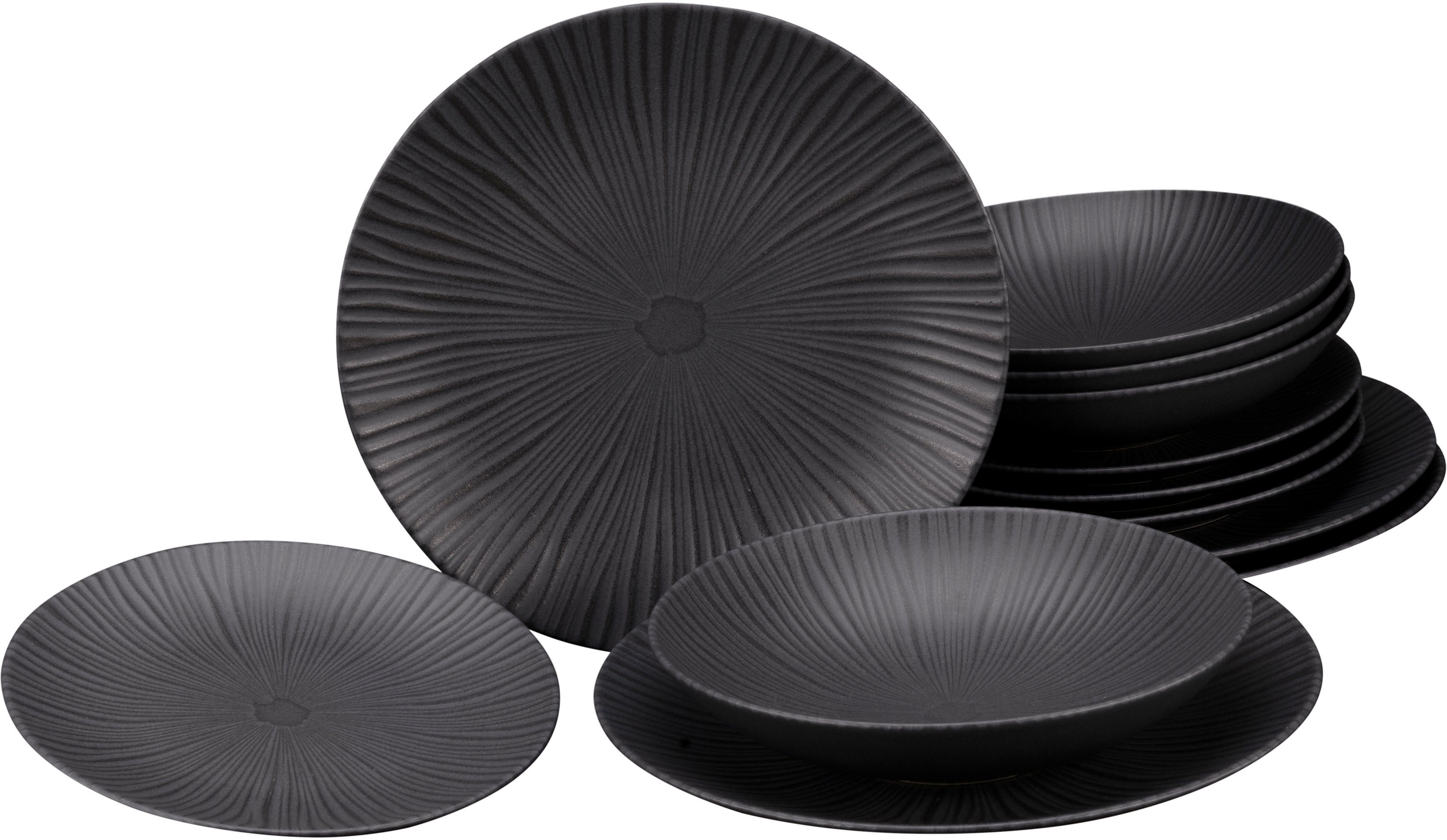 CreaTable Eetservies Vesuvio Servies, zwart, expressief reliëf, 12 delen, voor 4 personen (set,...
