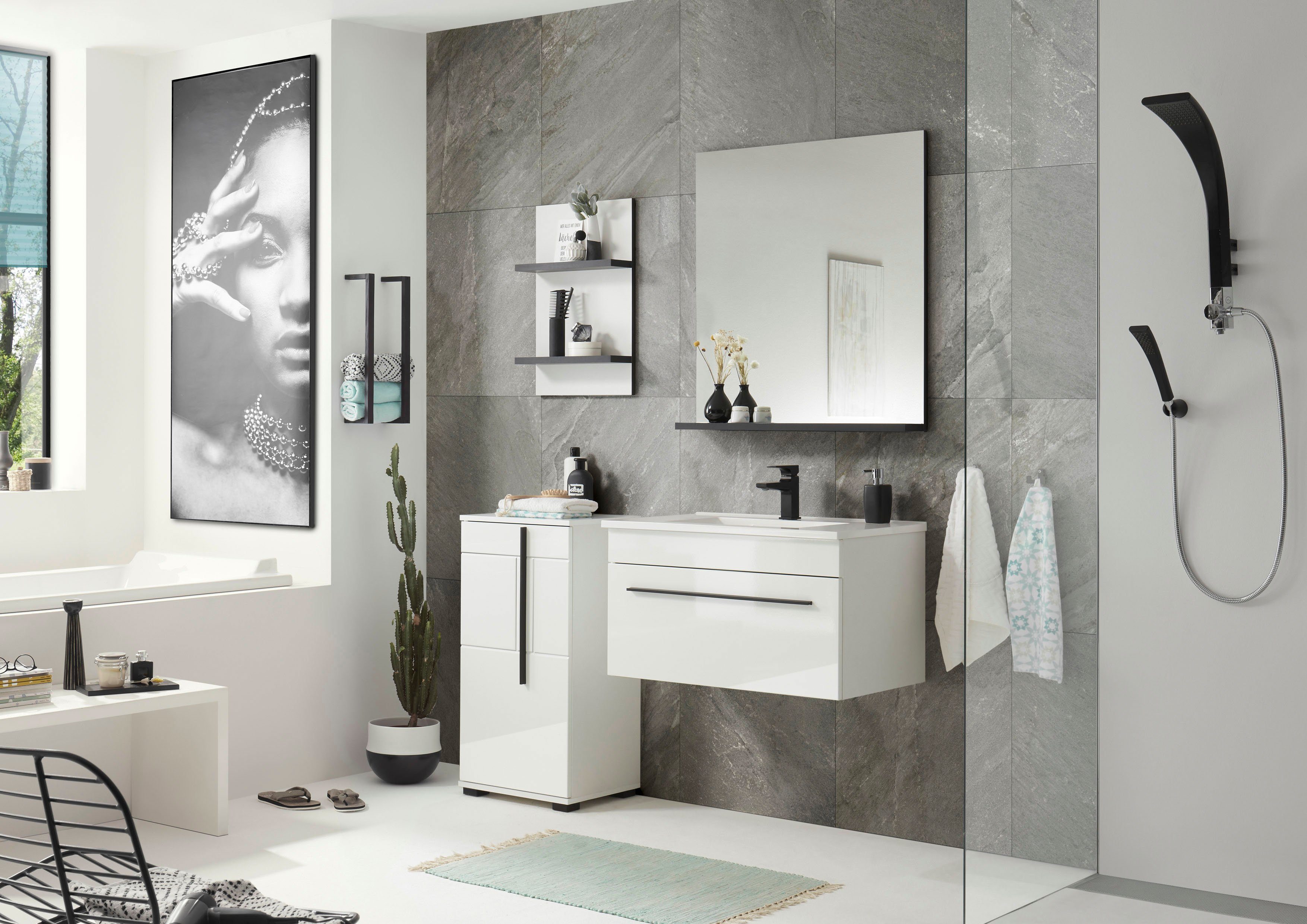 INOSIGN Badkamerserie Cantara, badkamer in modern ontwerp, 4-delig badkamer Waschtafel, kast, hangplank en spiegel, in wit hoogglans (set, 4-delig)