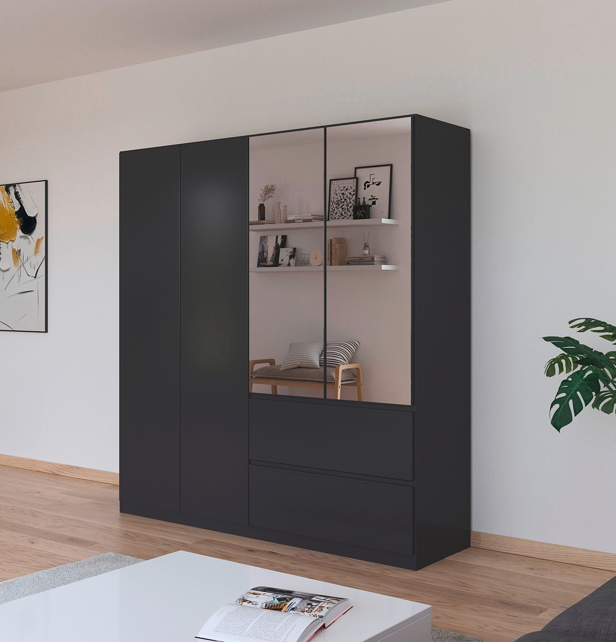 rauch Draaideurkast Kledingkast Kast Garderobe Wasmand COSTA in 3 Breedtes met spiegel, greeploos front en push-to-open functie made in germany
