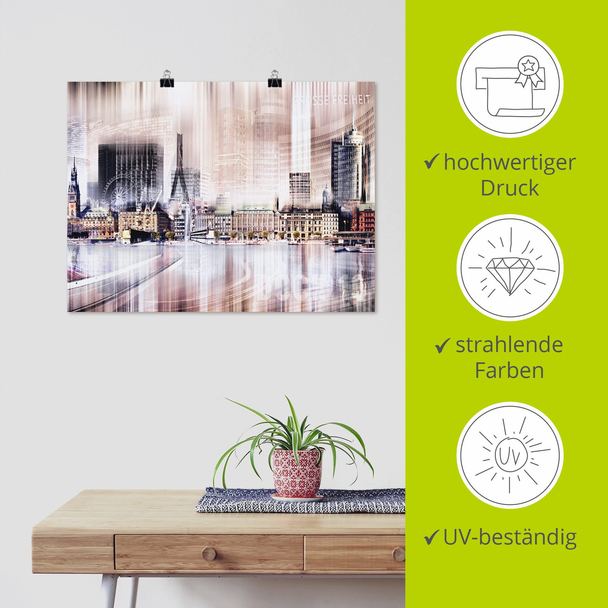 Artland Poster Hamburg skyline abstracte collage II als artprint op linnen, muursticker of poster in verschillende maten