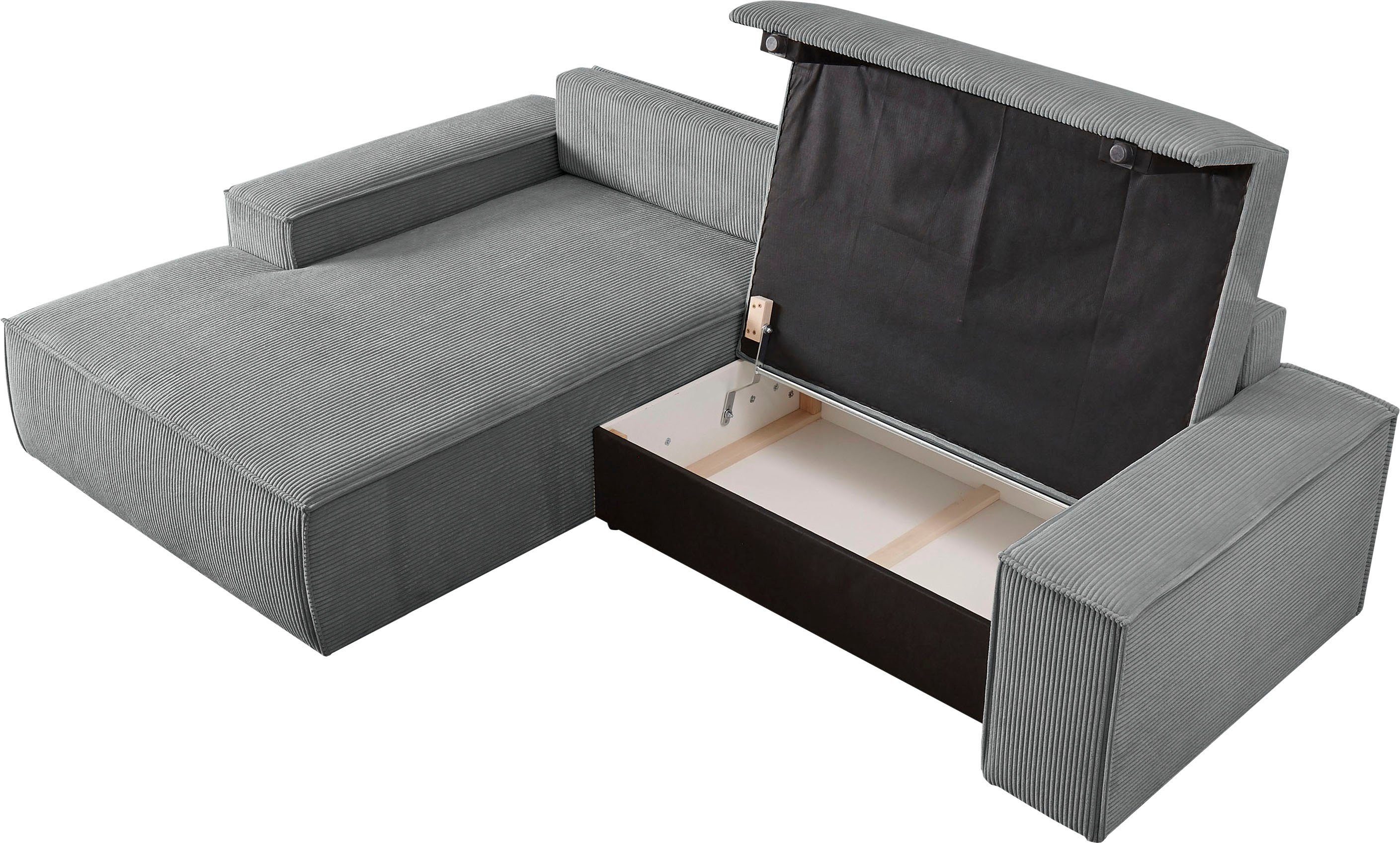Home affaire Hoekbank SHERWOOD bedbank 267 cm, L-model, Slaapfunctie met bedlade (210x136 cm), cord, vintage, fluweel