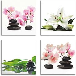 artland artprint op linnen steen orchidee lelie spa bamboe magnolia (4 stuks) multicolor