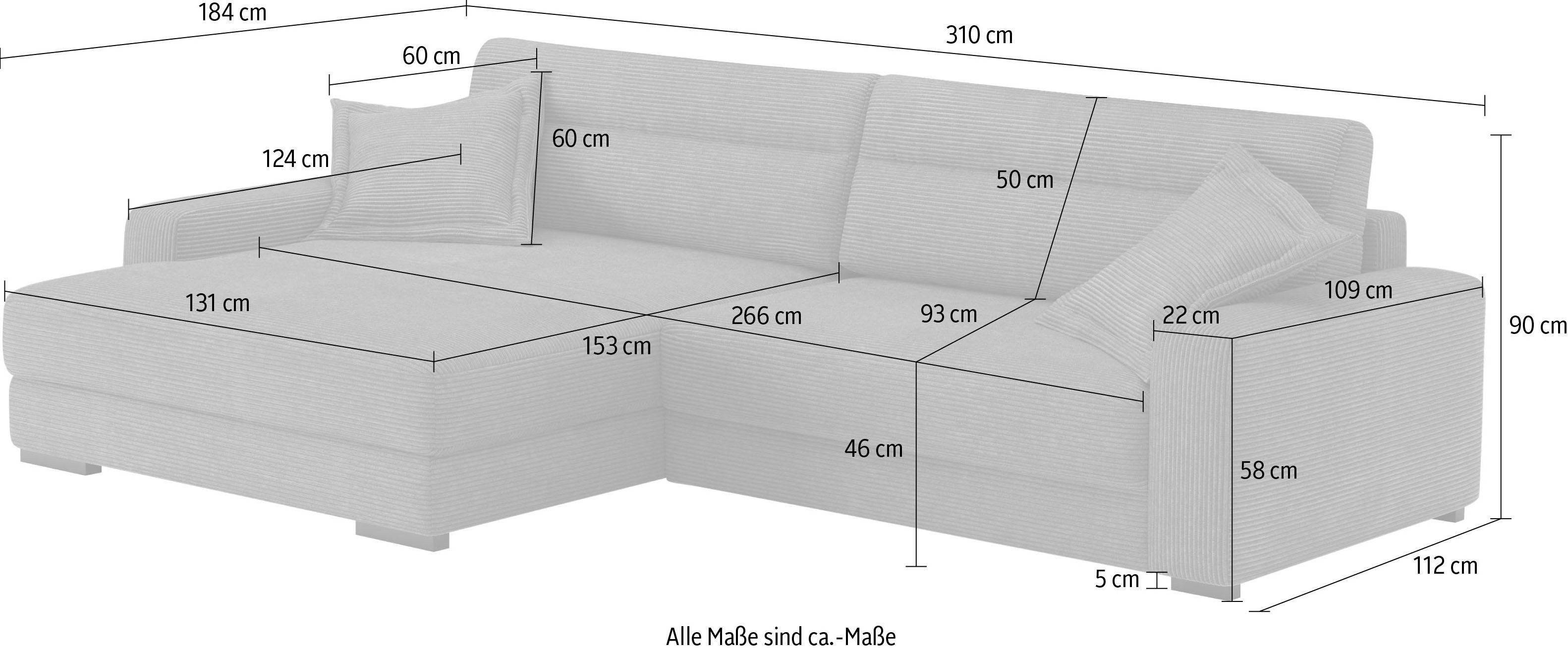 Mr. Couch Hoekbank Marcello DuraFlex L-vorm EasyBett, bedbox, koudschuimvering, tot 140 kg belastbaar