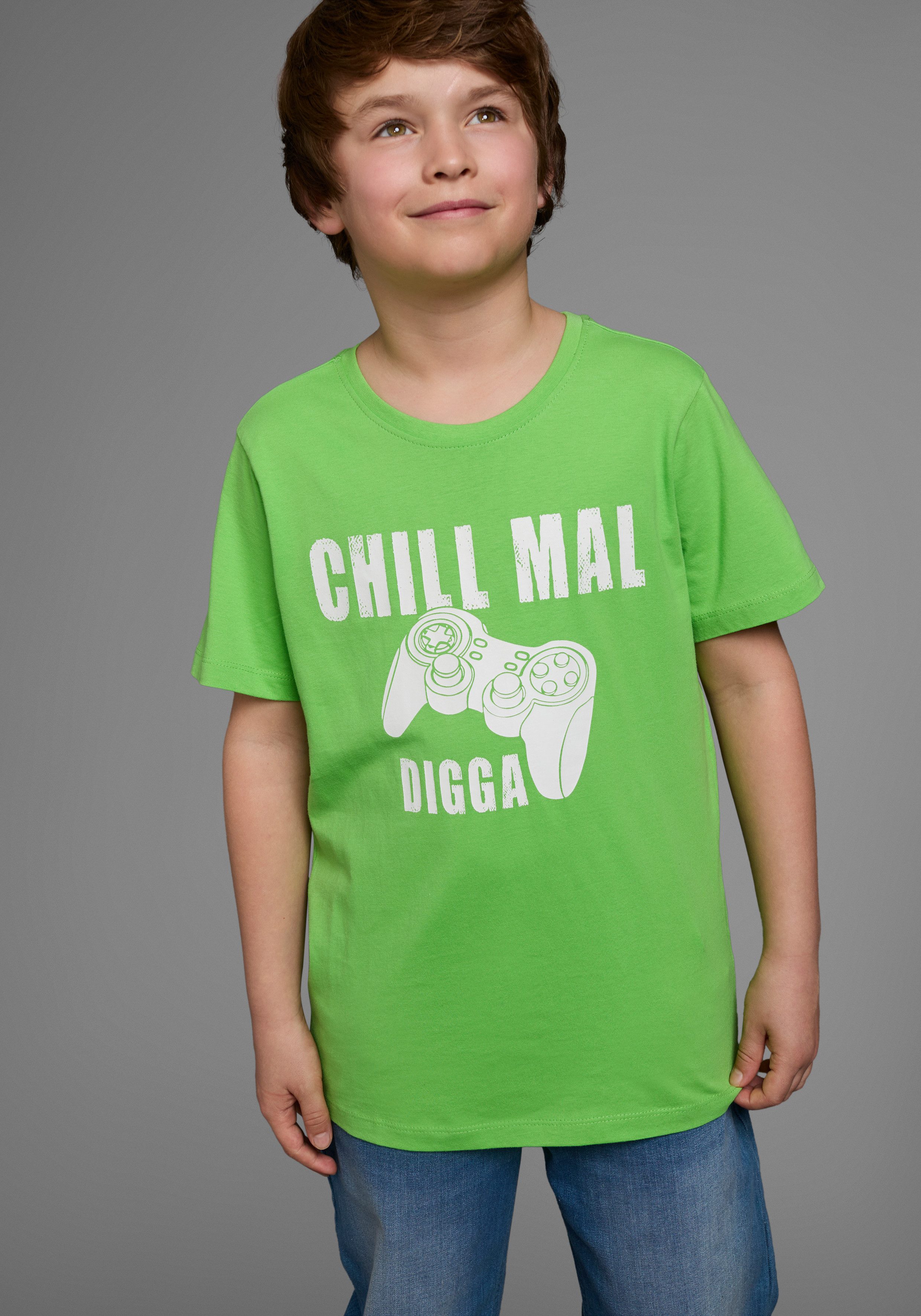 KIDSWORLD T-shirt Met spreuk: CHILL MAL Korte mouwen, basic stijl, met coole teksten, ronde hals jongens t-shirts maat 176/182 groen