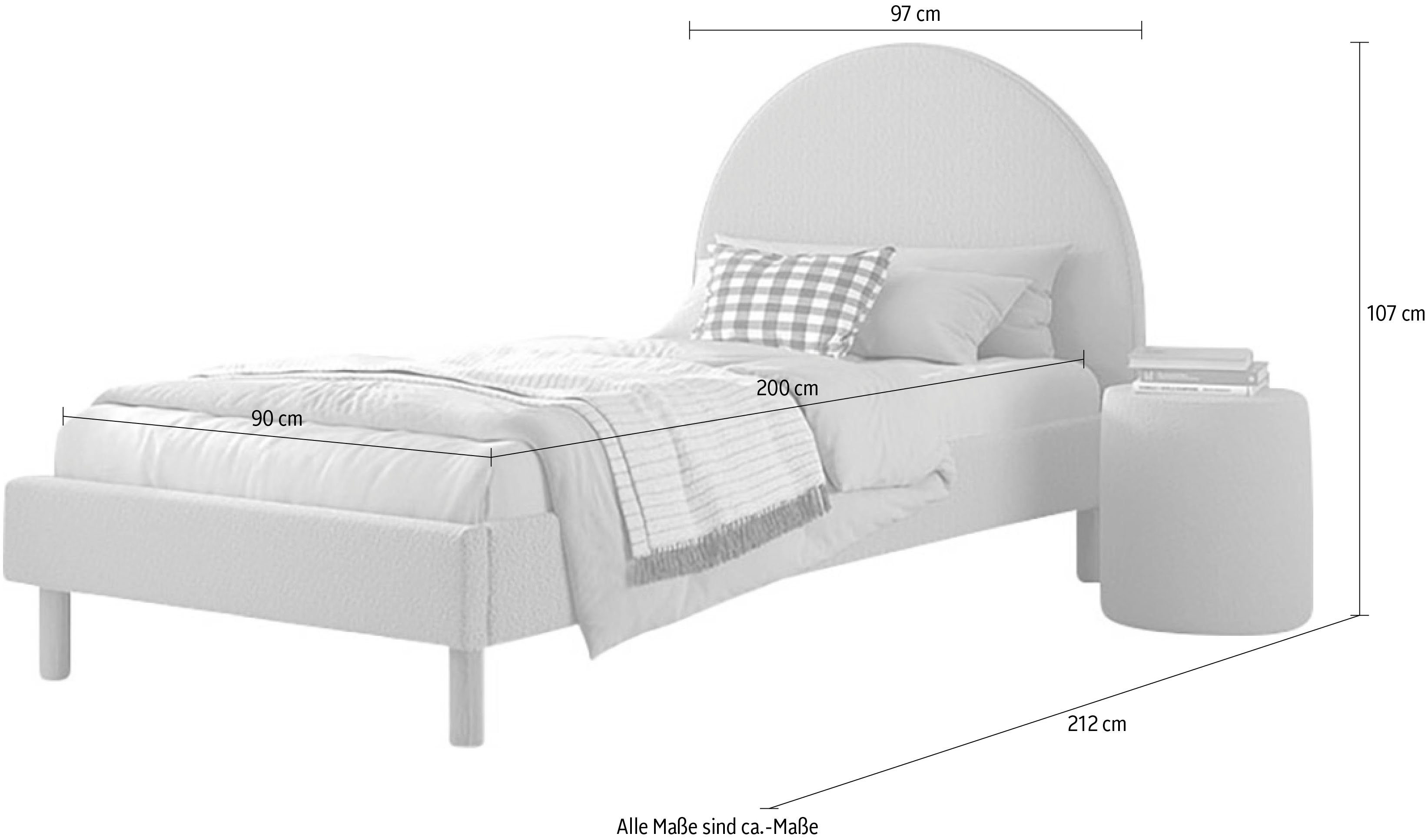 Vipack Slaapkamerserie Gestoffeerd bed Moon Ligoppervlak 90 x 200 cm, incl. lattenbodem, bekleding van boucléstof, optioneel 4 kleuren