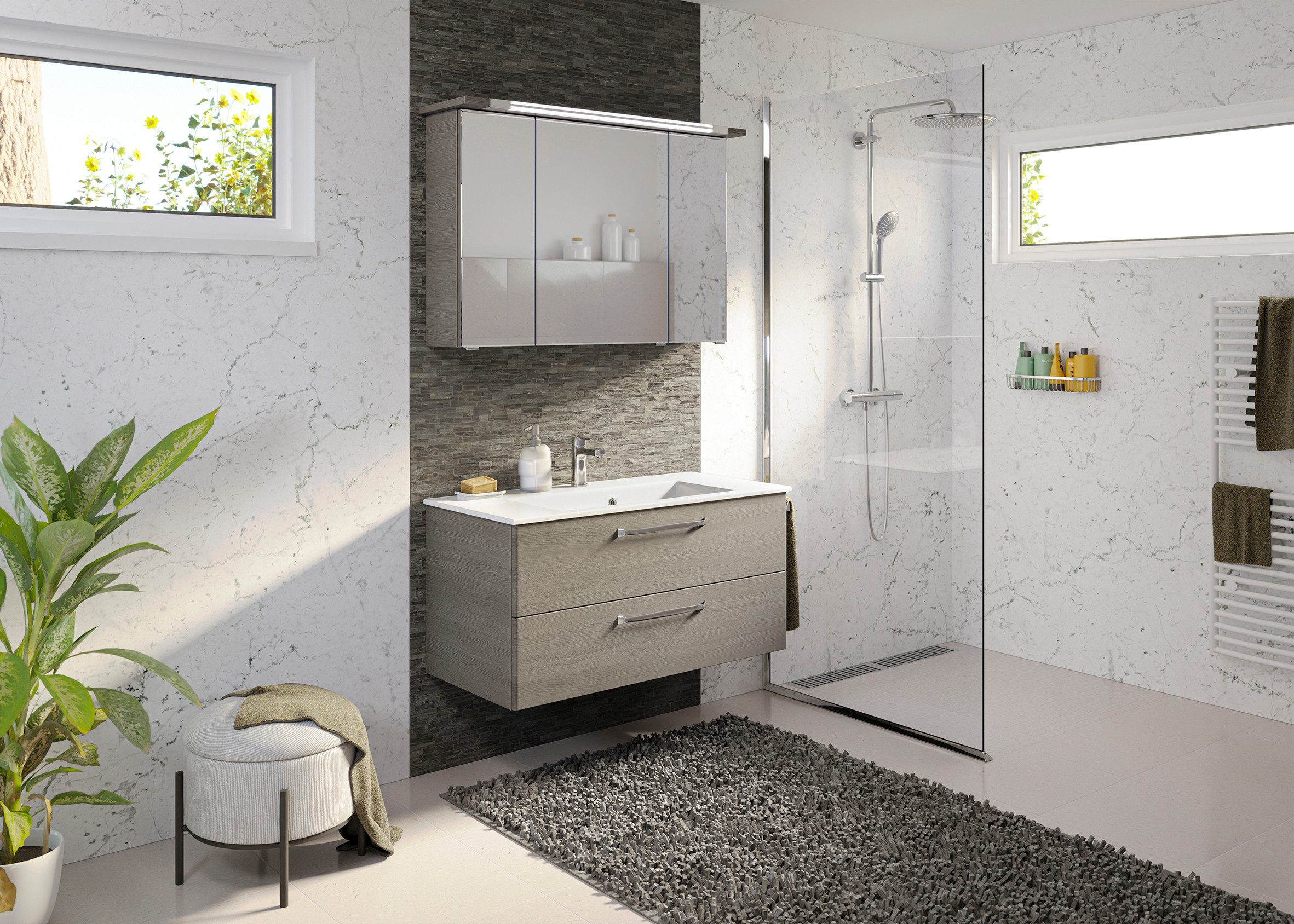Saphir Badmeubelset Trentino 2-delig mineralen marmer wasbak, spiegelkast met LED-profiel (3 stuks)