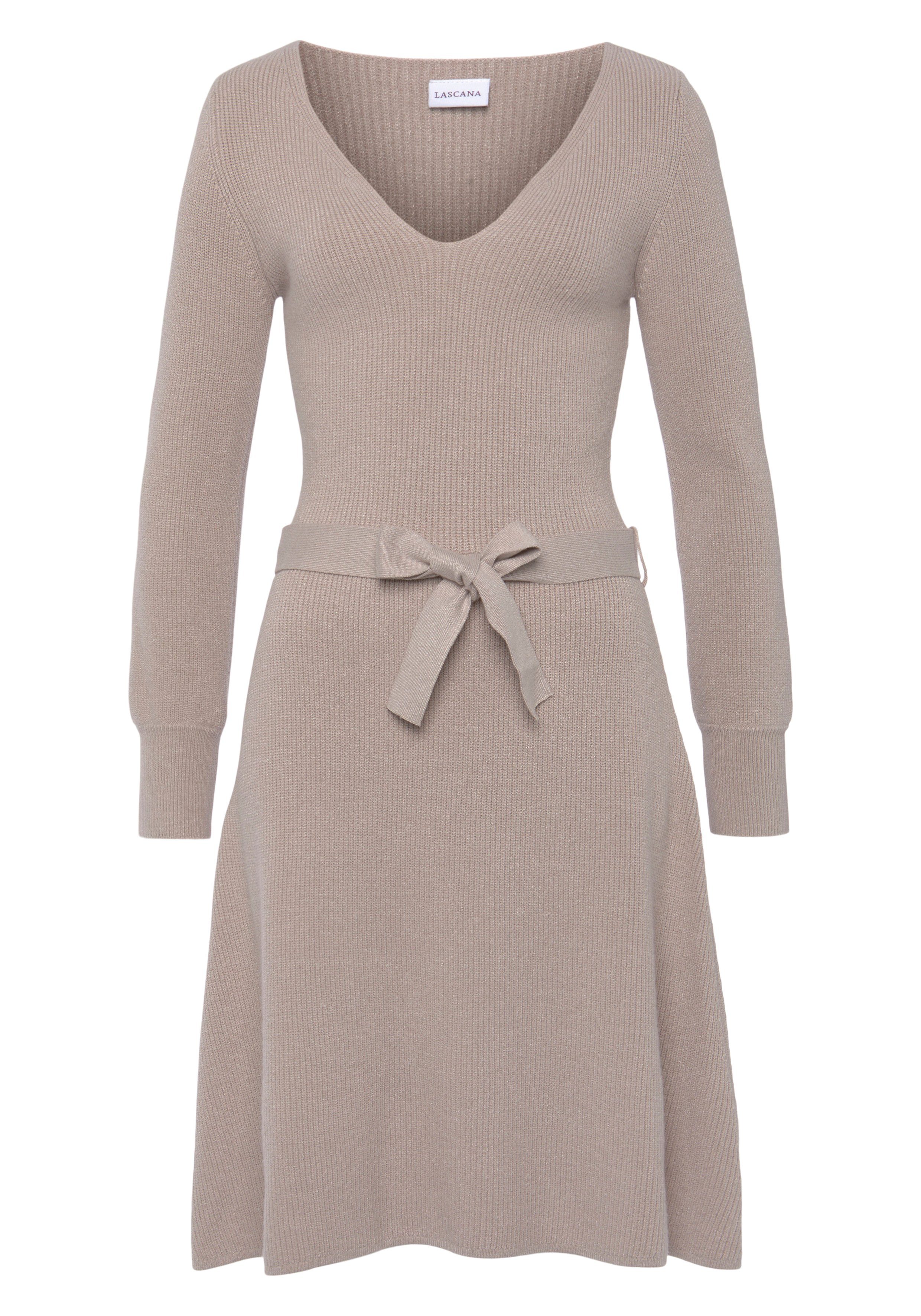 Lascana Gebreide jurk en v-hals, herfst-winterjurk, casual-elegant (Met een bindceintuur)