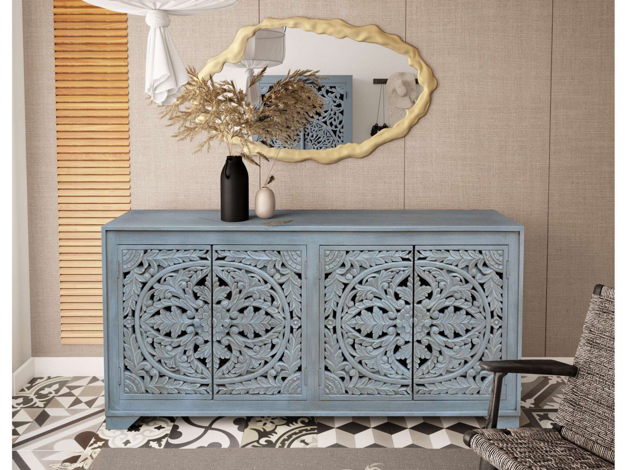 Home affaire Dressoir Kenmare Commode van mangohout, decoratieve snijwerk, breedte 170 cm