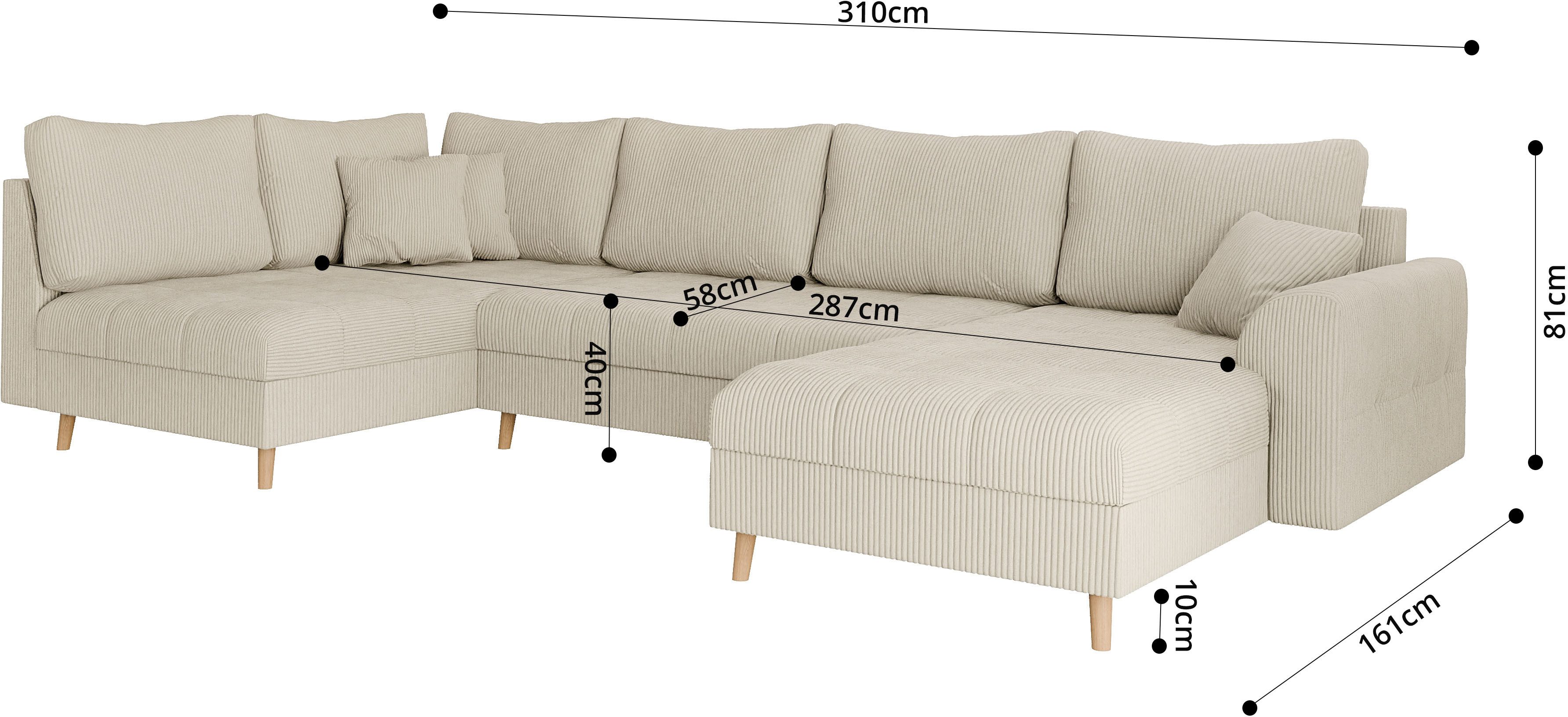 Home affaire Zithoek CHARRE U-vorm met ottomane, afmetingen B/D/H: 310/161/81 cm fijne stiksels, losse rug- en sierkussens, ook in cord en bouclé