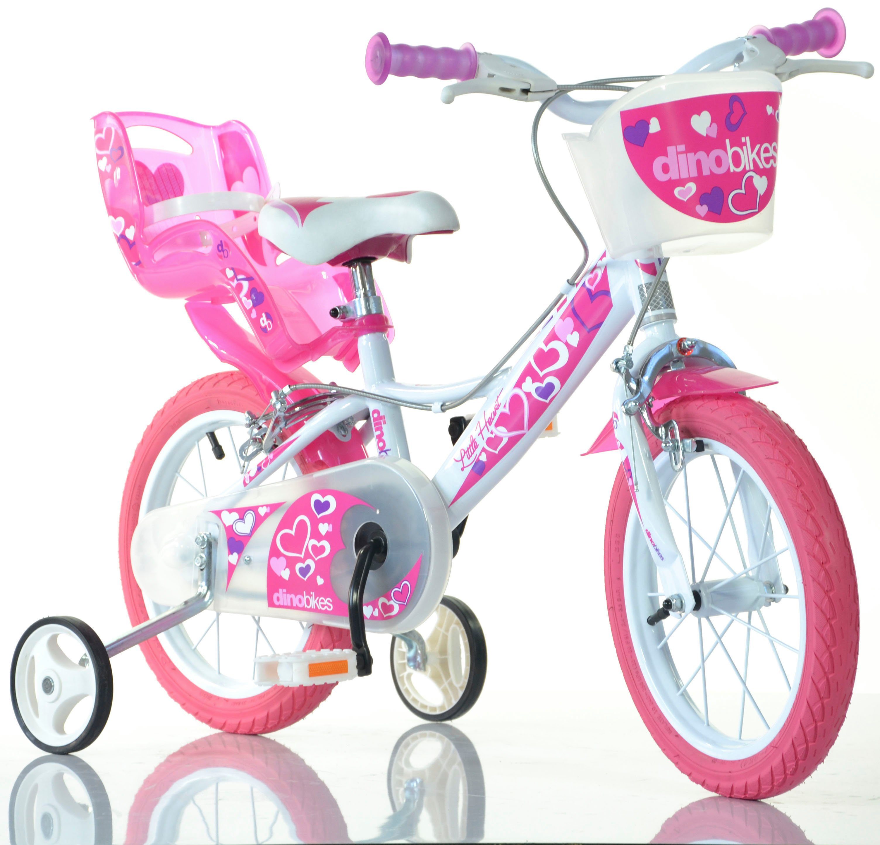 Dino Kinderfiets Meisjesfiets 16 inch met zijwieltjes, mand en poppenzitje