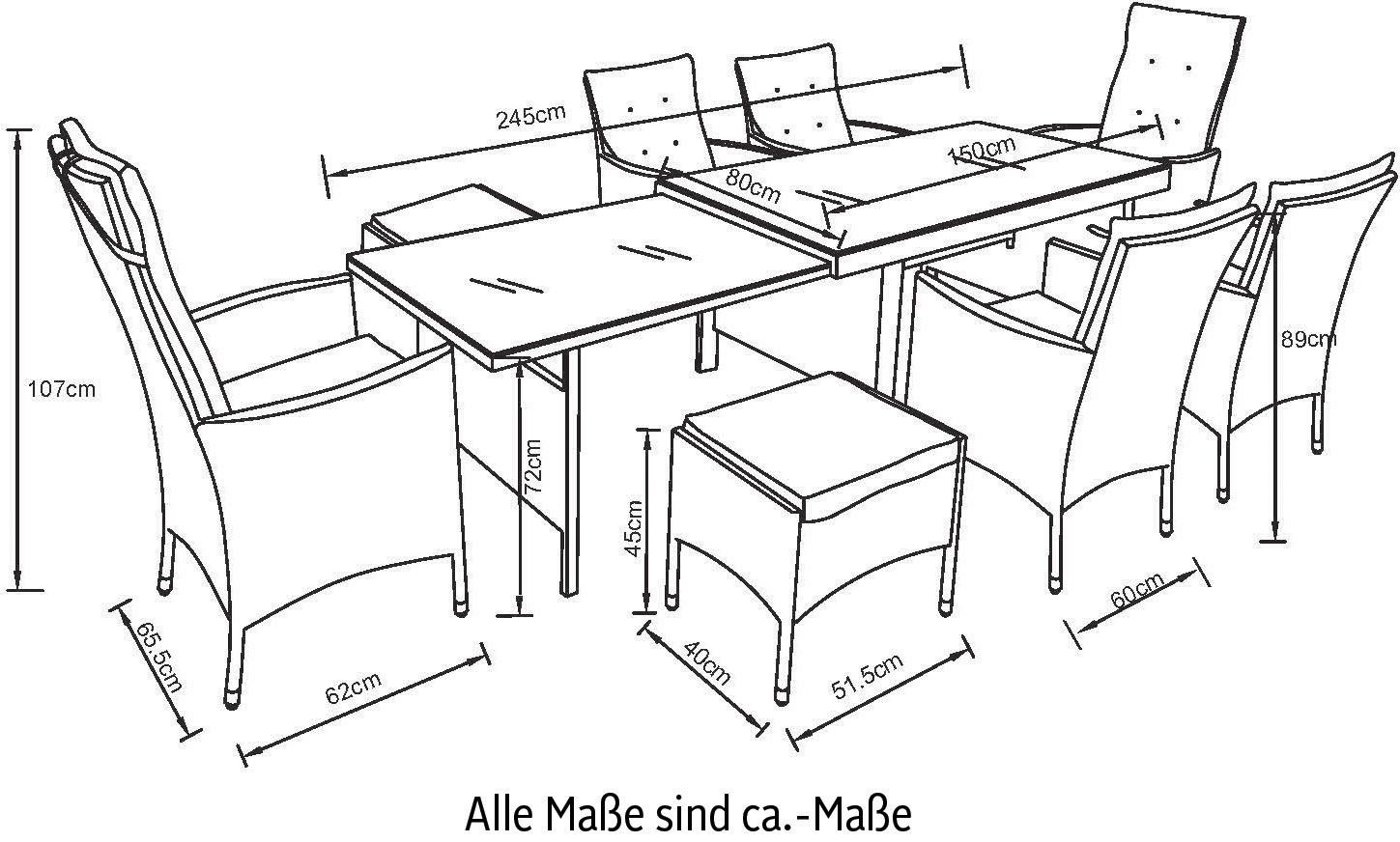 KONIFERA Tuin-eethoek Parla 2 van de 6 stoelen zijn verstelbaar, grijs, tafelblad van veiligheidsglas (set, 21-delig)