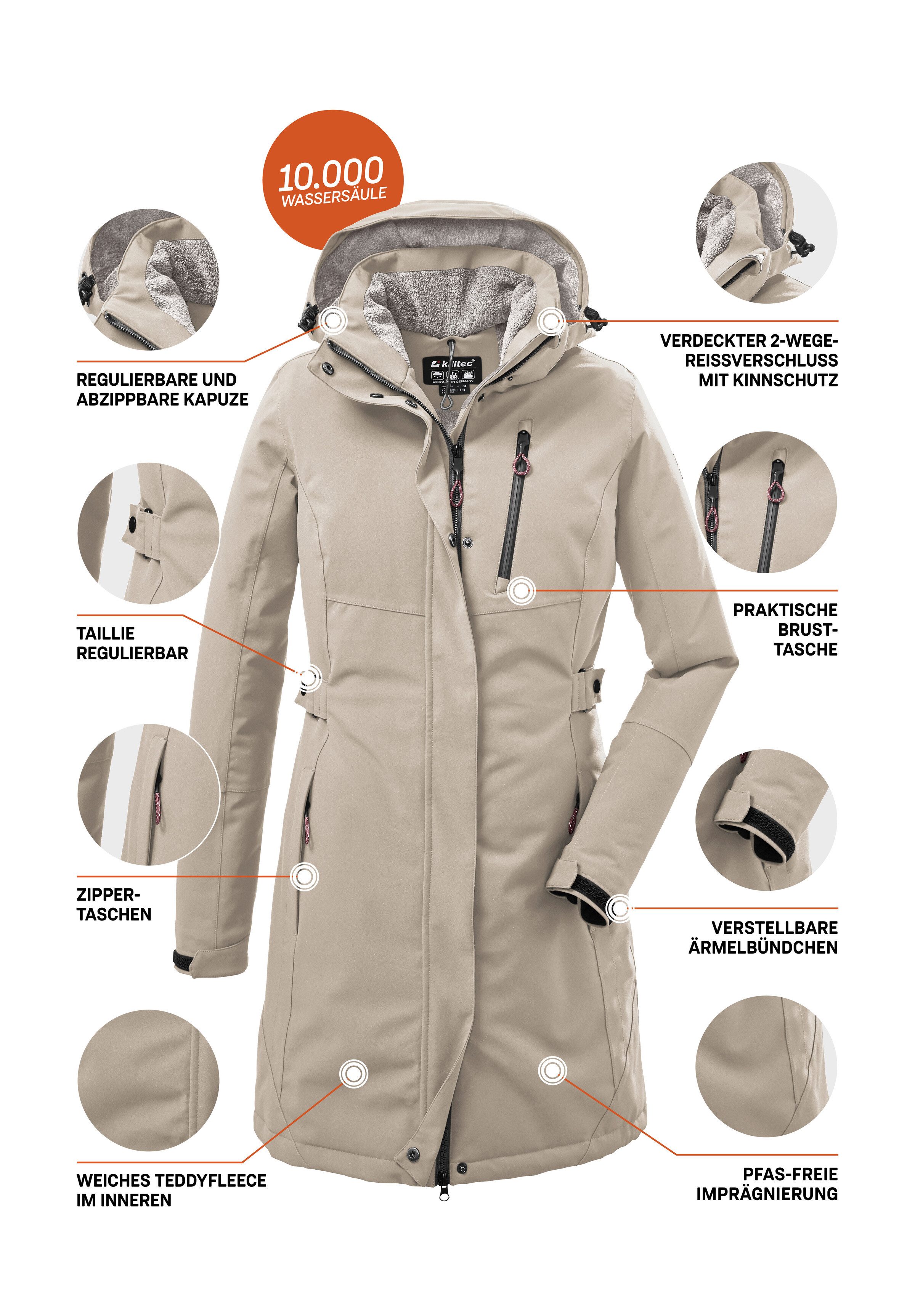 Killtec Parka KOW 165 WMN PRK Water- en winddichte parka met teddyfleece en afneembare capuchon