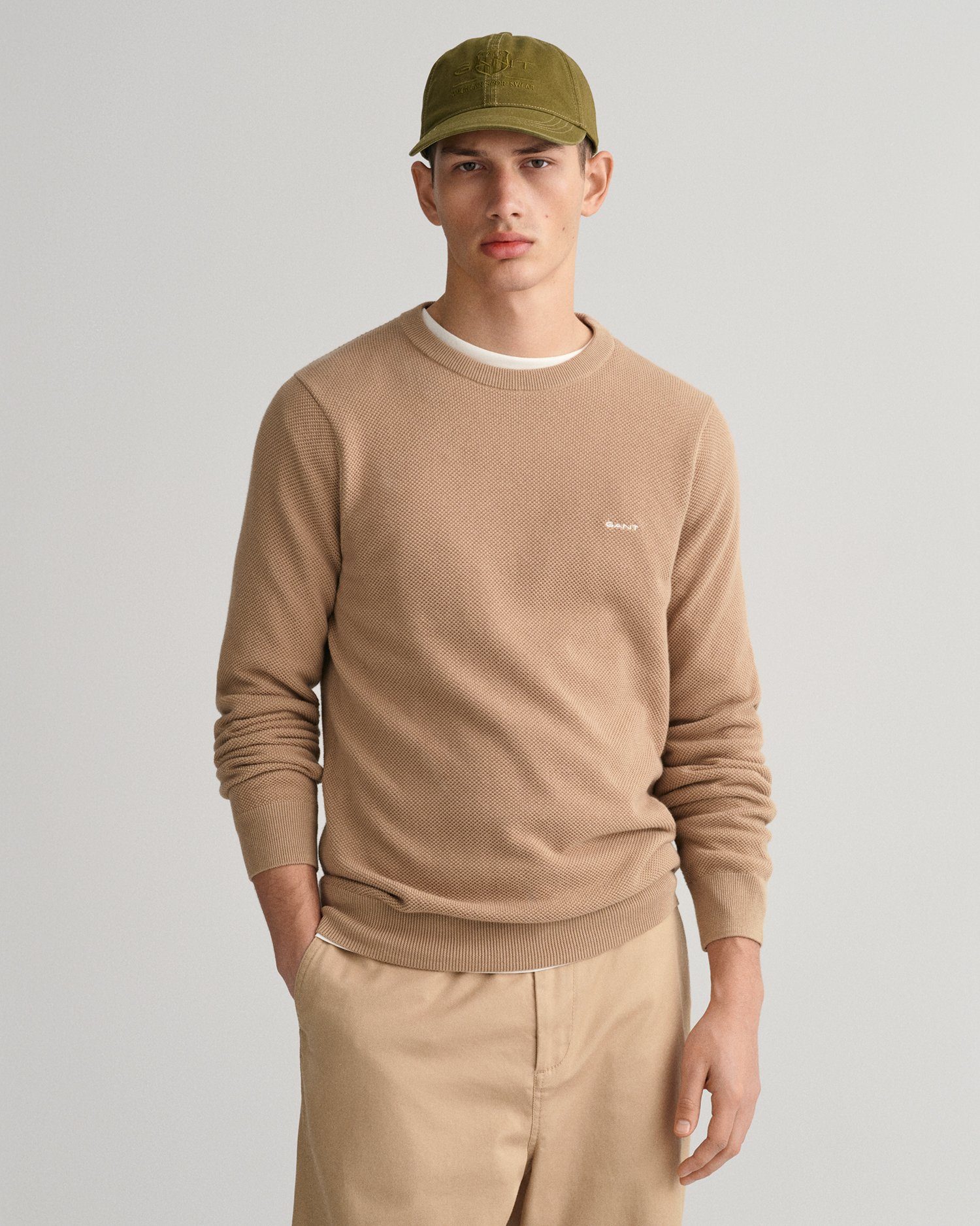 Gant Trui met ronde hals COTTON PIQUE C-NECK met logoborduursel op borsthoogte heren pullovers maat XXL groen