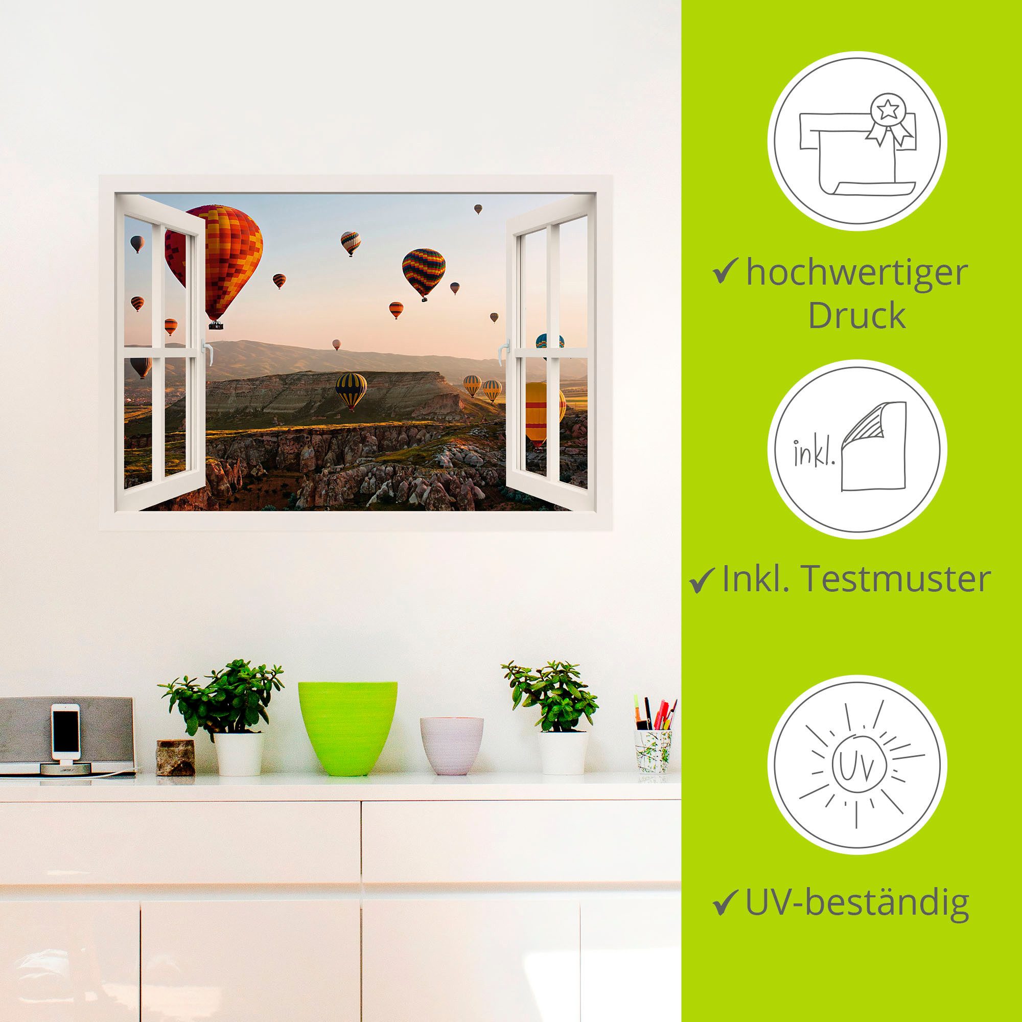 Artland Artprint Blik uit het venster Cappadocië ballonvaart als poster, muursticker in verschillende maten