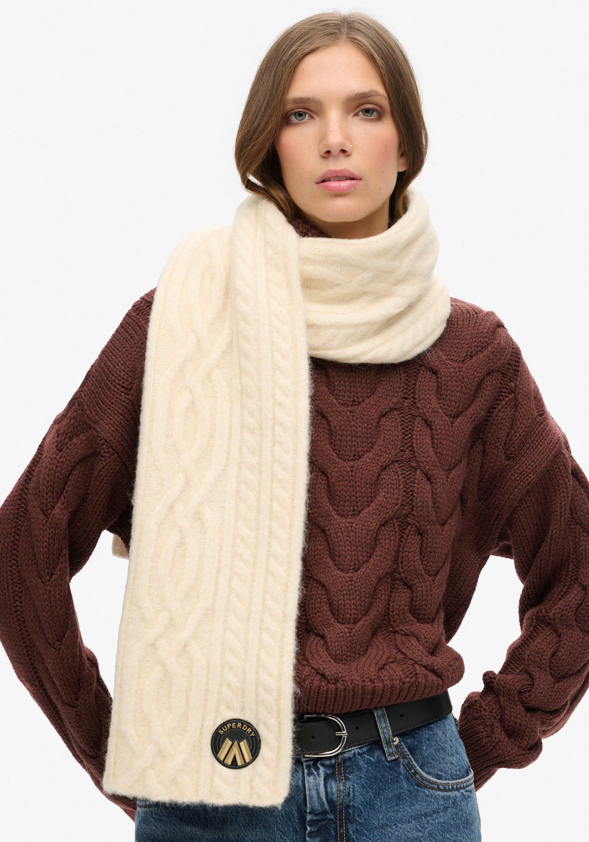 Superdry Gebreide sjaal CABLE LUXE KNIT SCARF dames sjaals wit