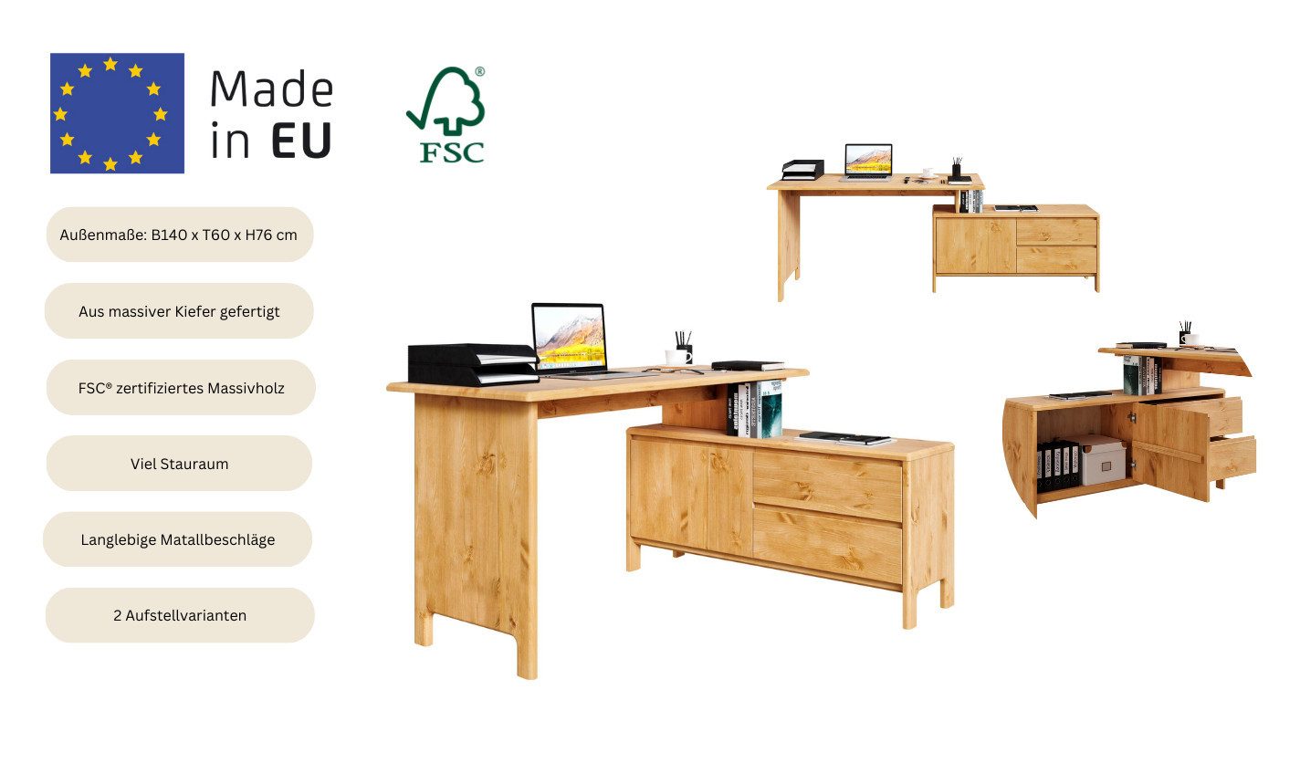 Home affaire Bureau Luven, van massief hout in 2 breedtes, variabel gebruik als bureau of hoekbureau
