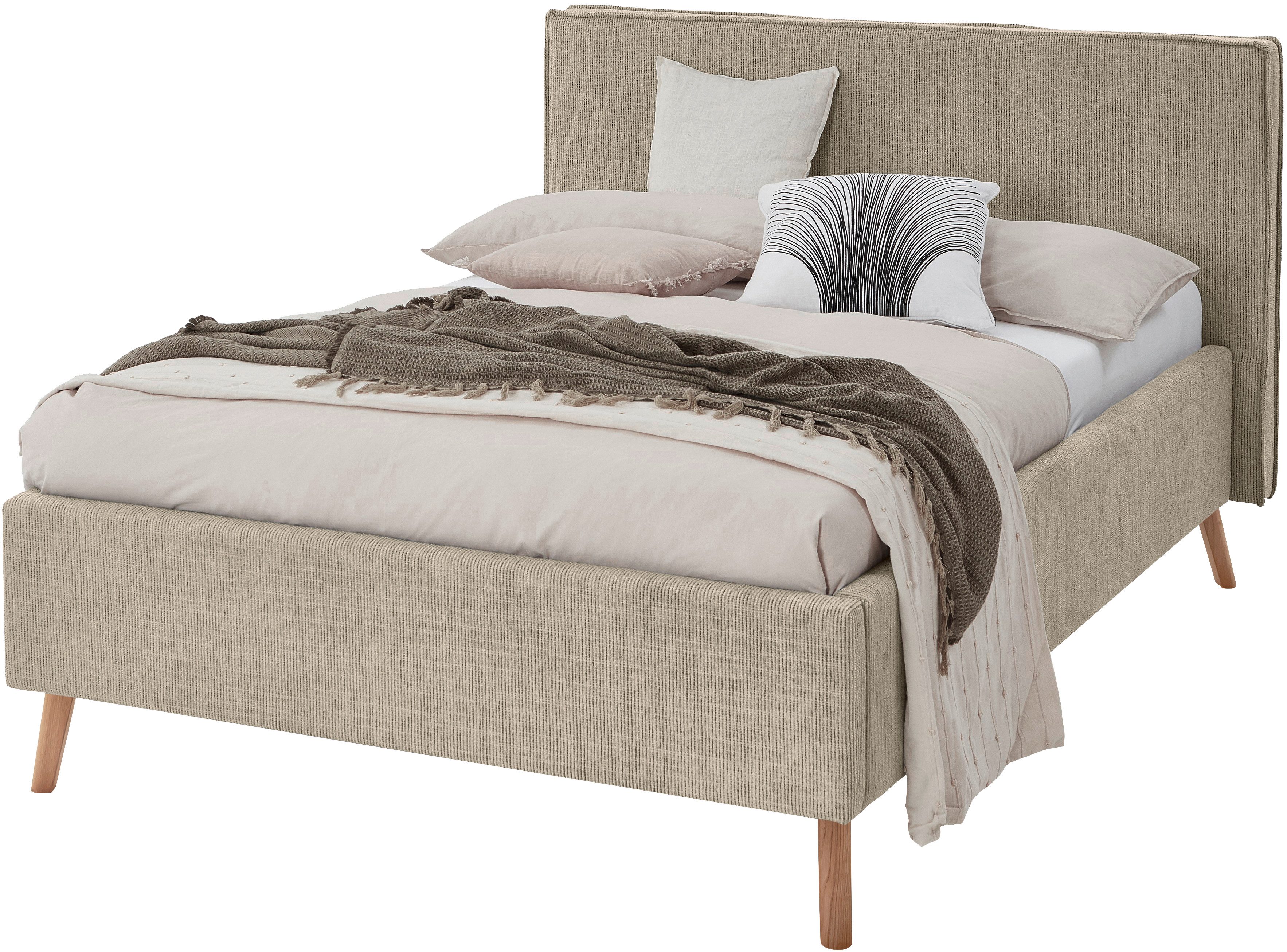 meise.möbel Gestoffeerd bed Riva met eikenkleurige houten poten, naar keuze met bedkist en lattenbodem