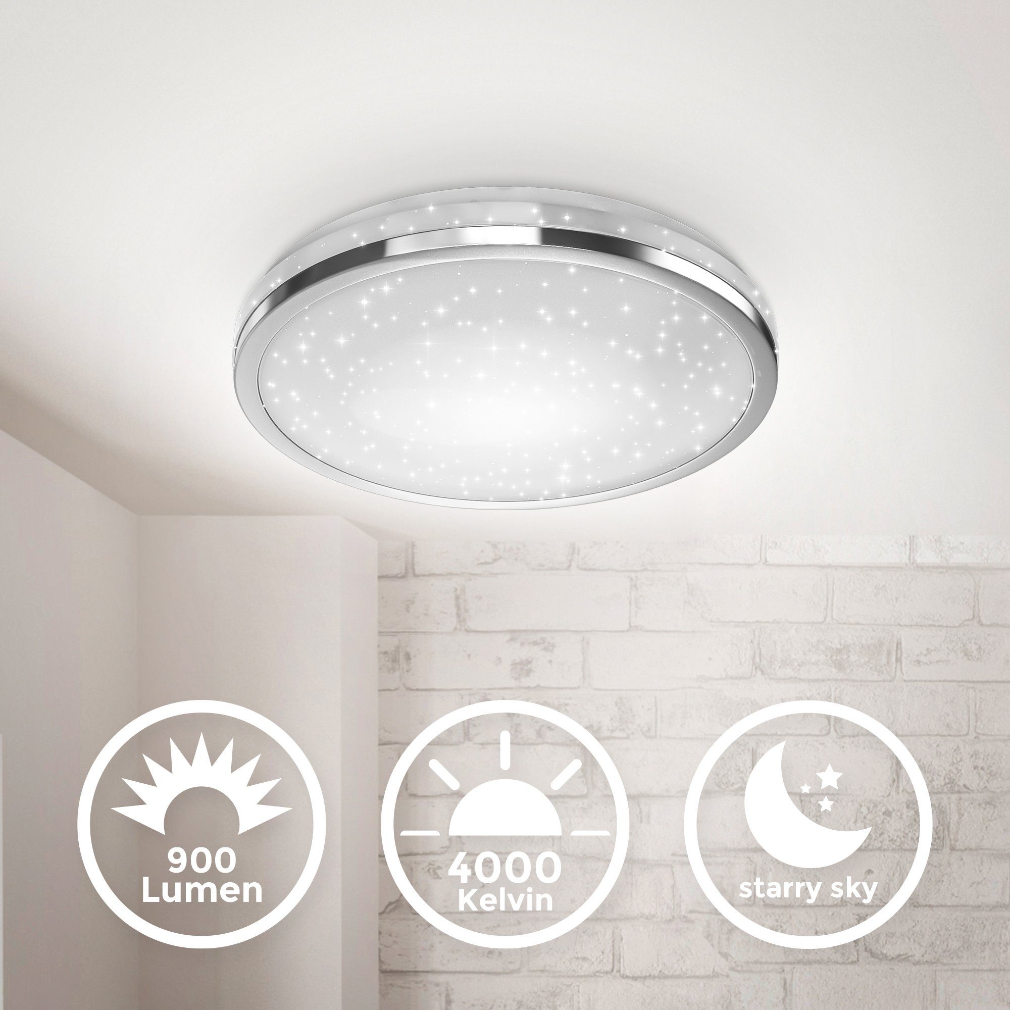 B.K.Licht Led-plafondlamp Plafondlamp met sterdecor, 10W LED 900lm, neutraal wit, chroomkleurig