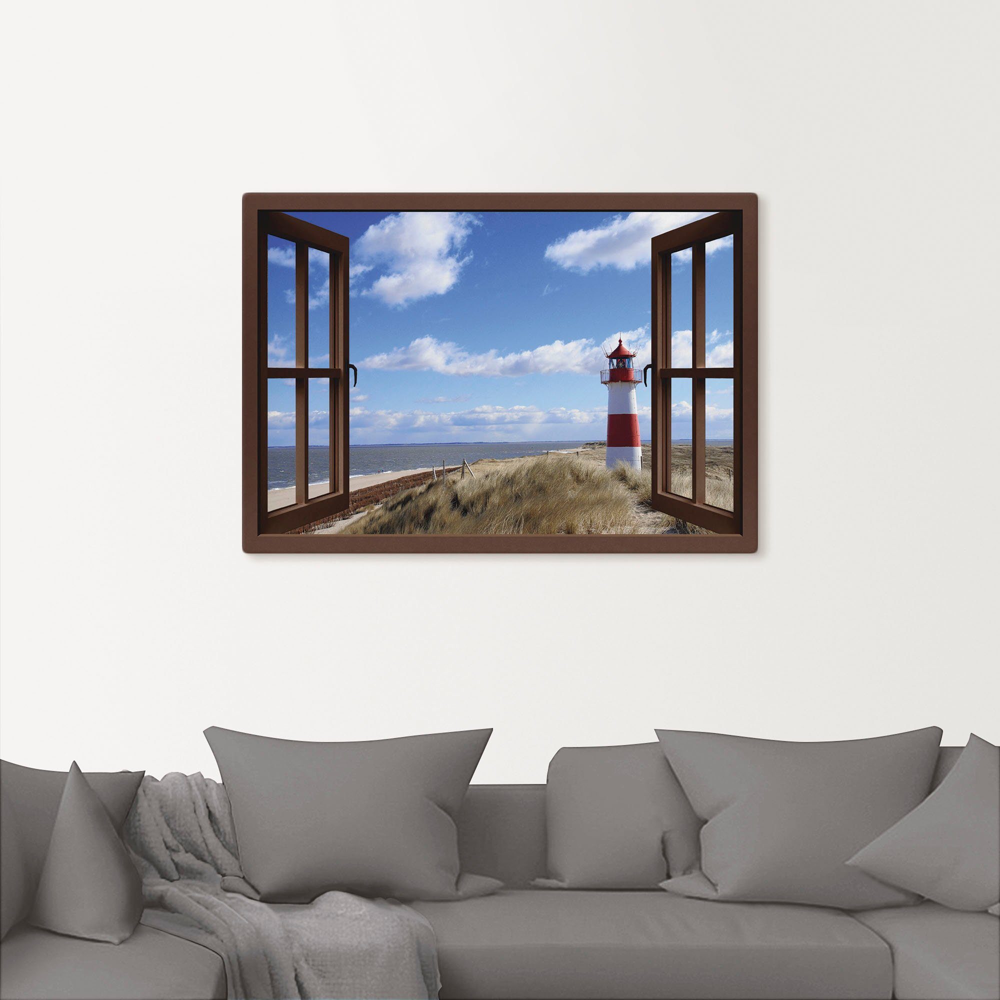 Artland Artprint Blik uit het venster - vuurtoren Sylt als artprint op linnen, poster in verschillende formaten maten
