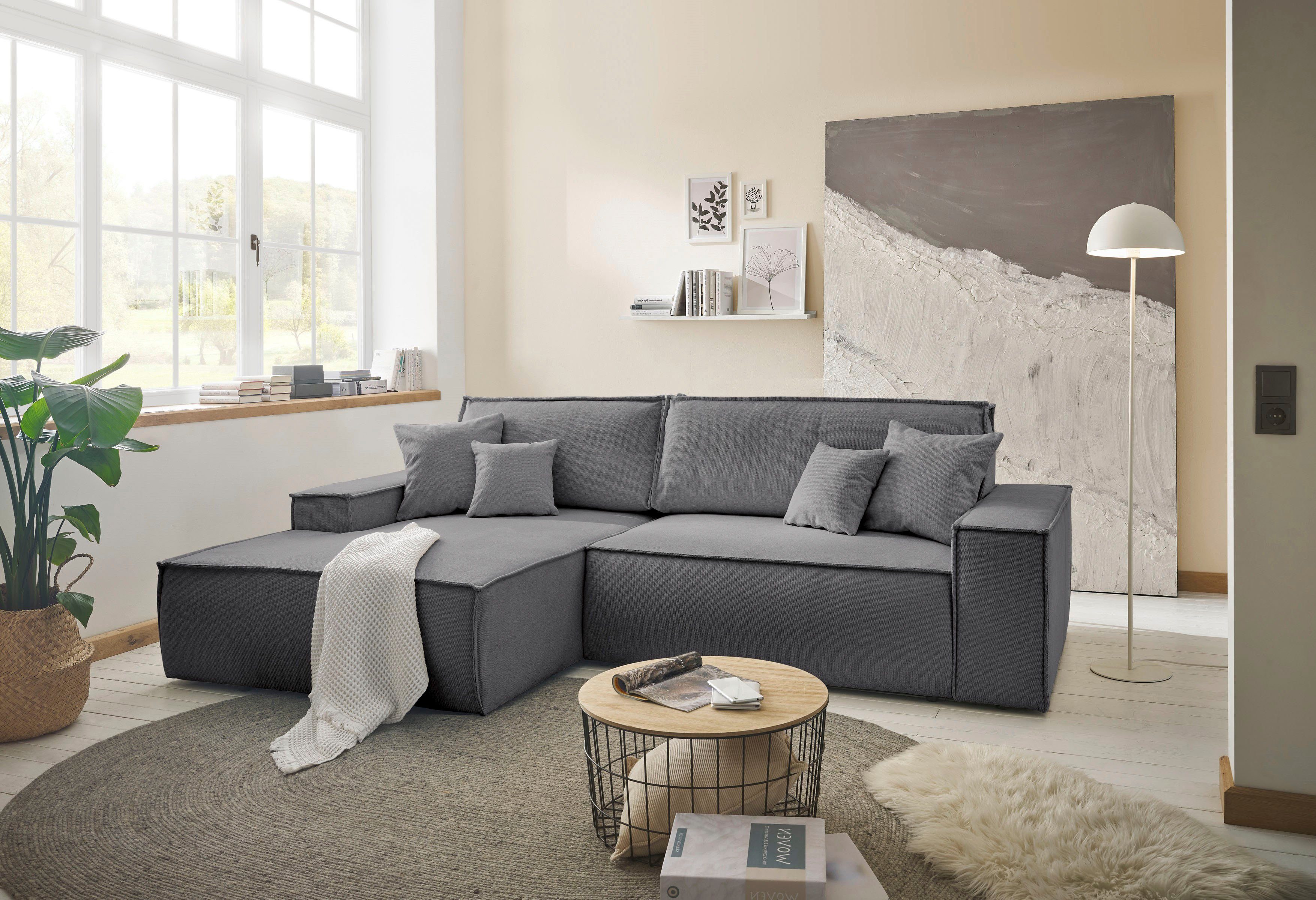 andas Hoekbank Finnley slaapbank 267 cm in Bouclé, fijne structuur en cord, L-vorm