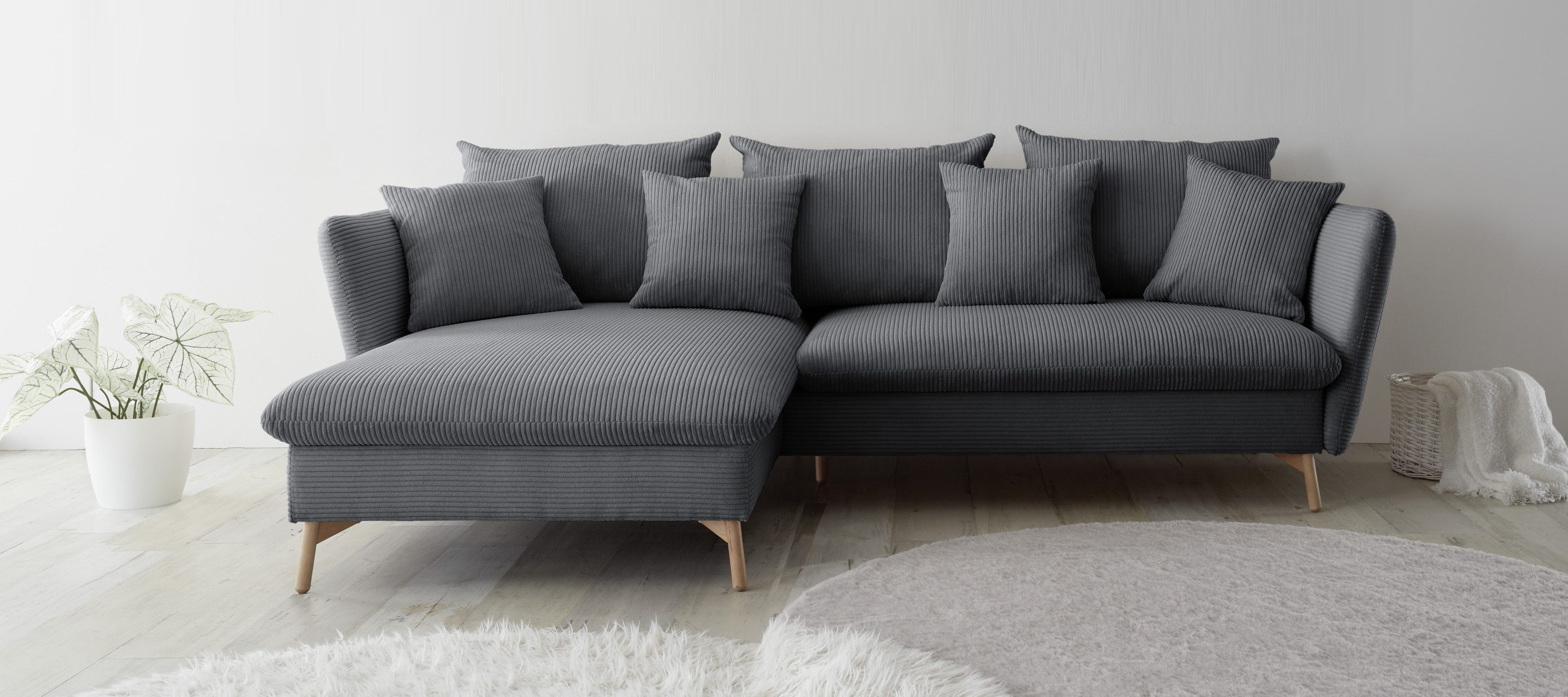 andas Hoekbank MERLE, 258 cm, L-vorm, prachtige corduroy, met slaapfunctie en bedlade, ligoppervlak 224 x 139 grijs, hoekbanken, Breedte ligoppervlak: