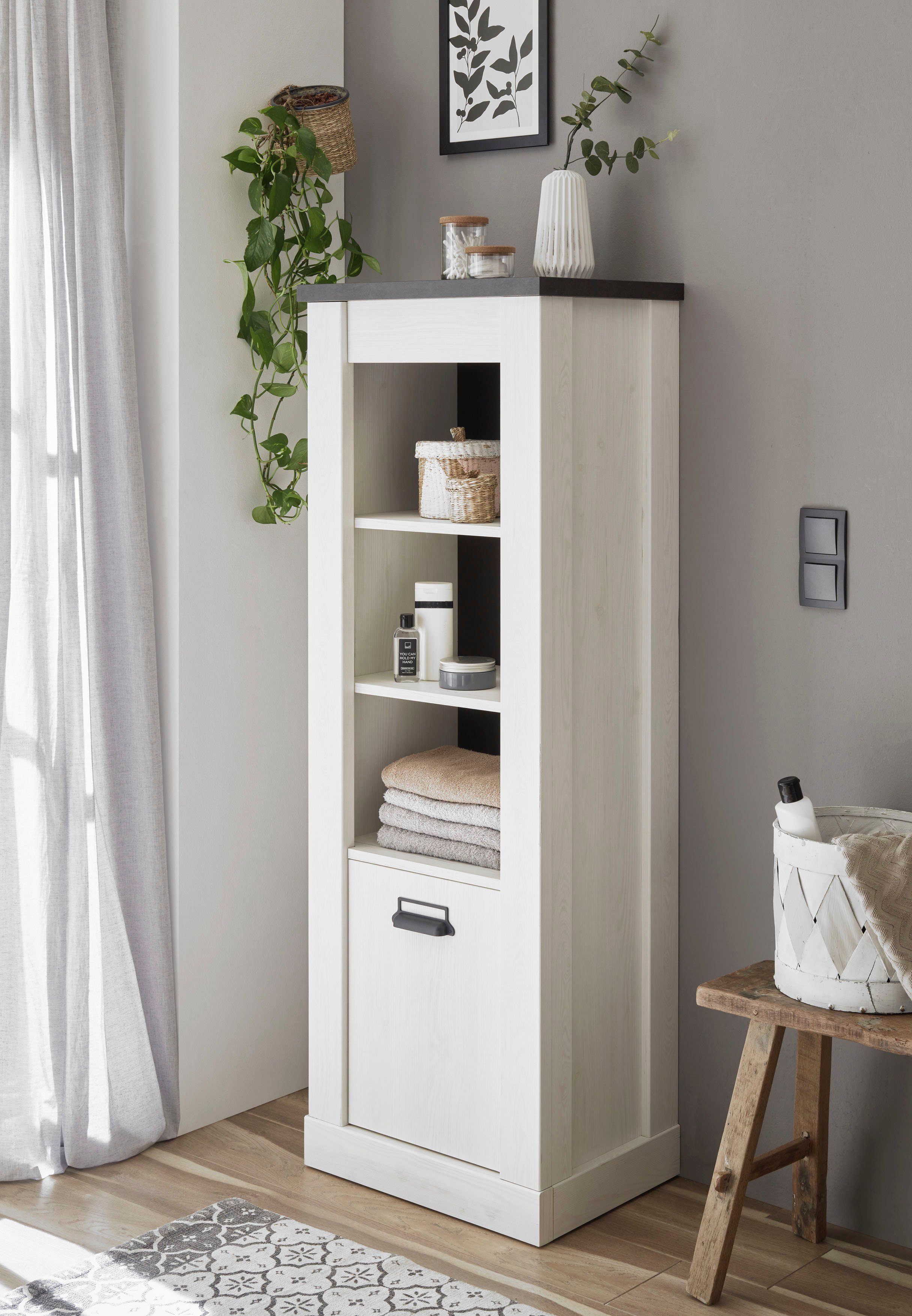Home affaire Waskast SHERWOOD hoge kast, commode in moderne houtlook, met metalen apothekers handgrepen, hoogte 146 cm