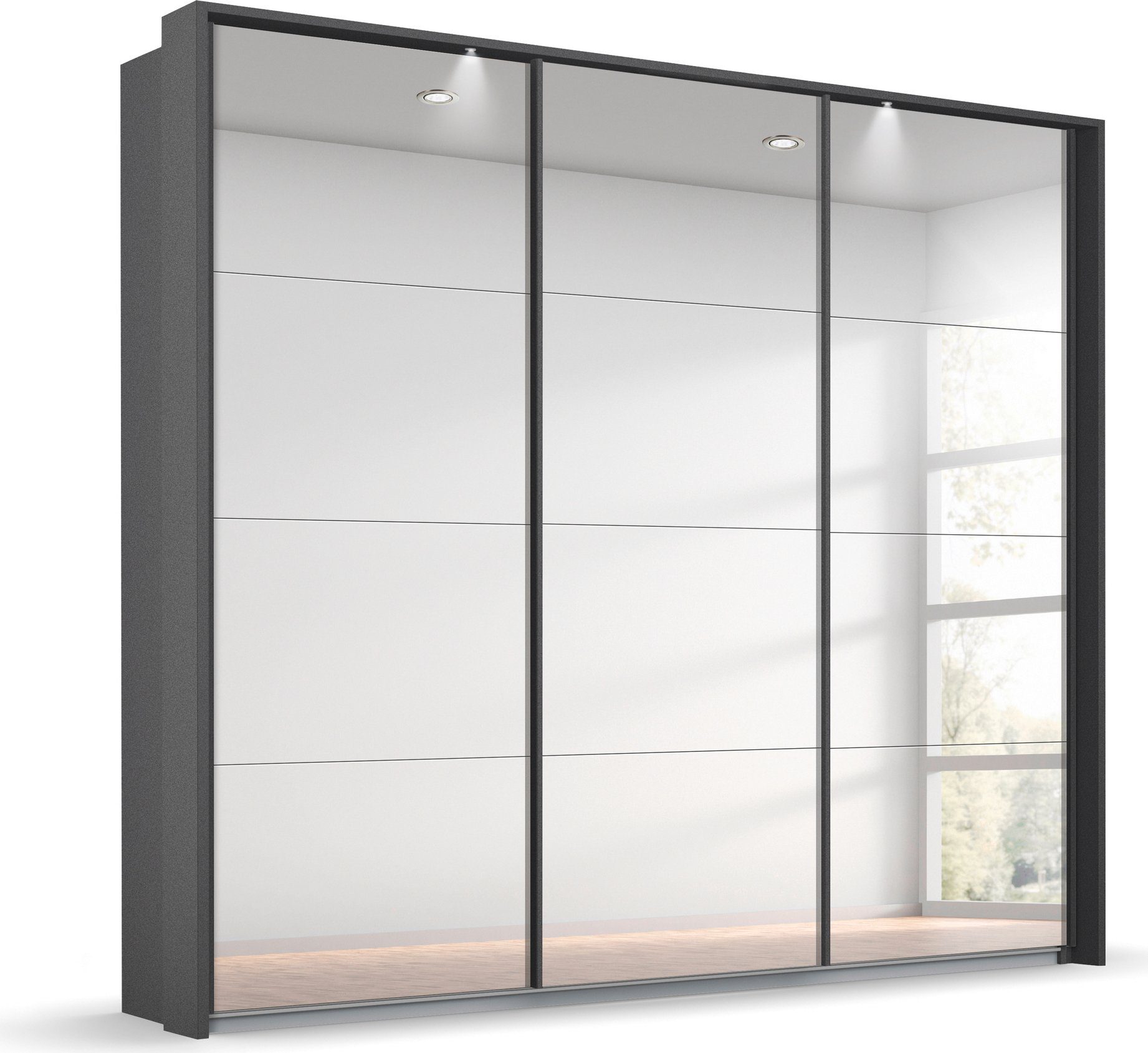 rauch Zweefdeurkast Kledingkast kast garderobe OTELI incl. 3 binnelades met spiegelfront en passe-partout, optioneel met verlichting