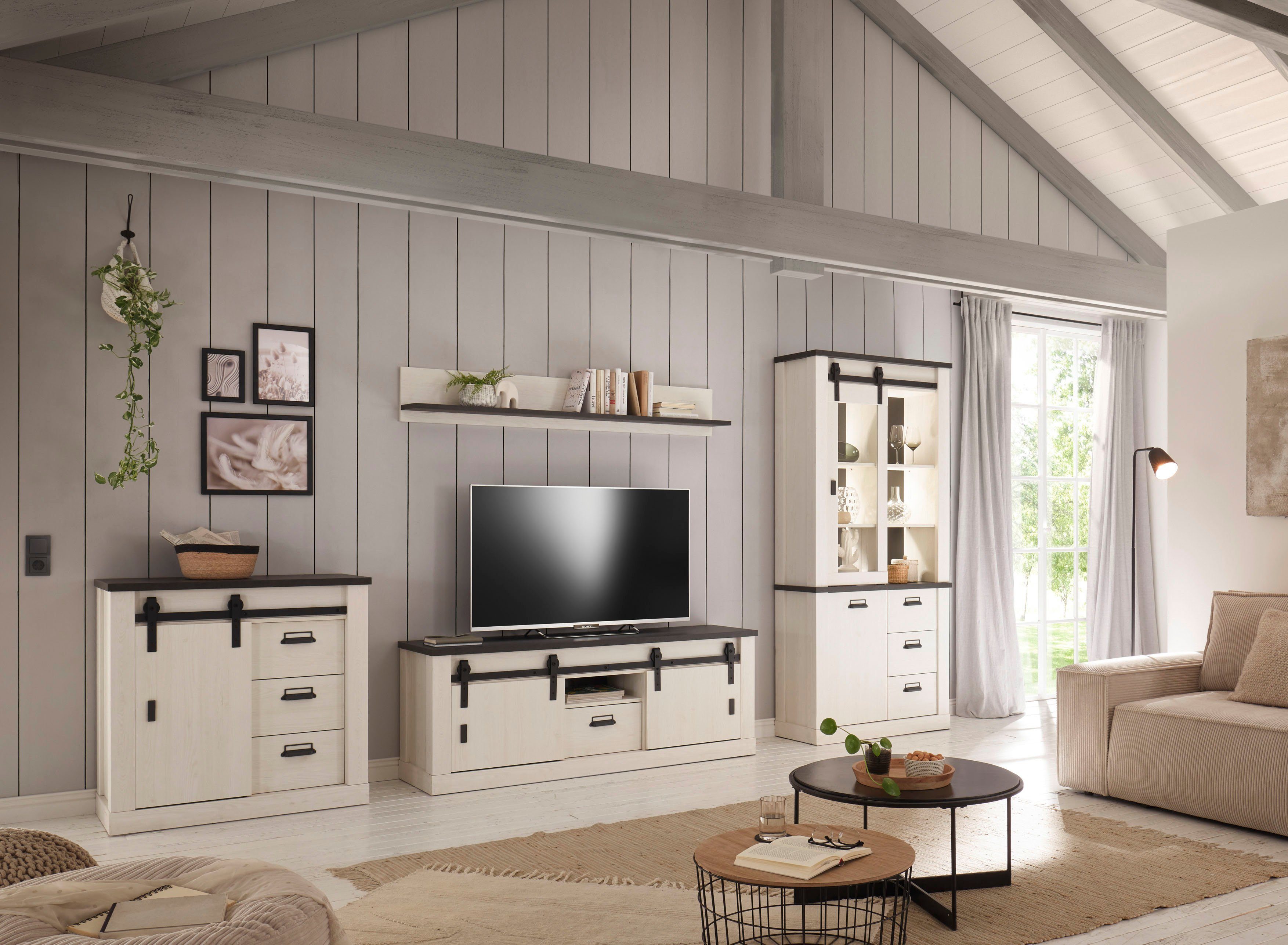 Home affaire Kast Sherwood Houtdecor, met schuurdeurbeslag en apothekersgrepen, breedte 92 cm