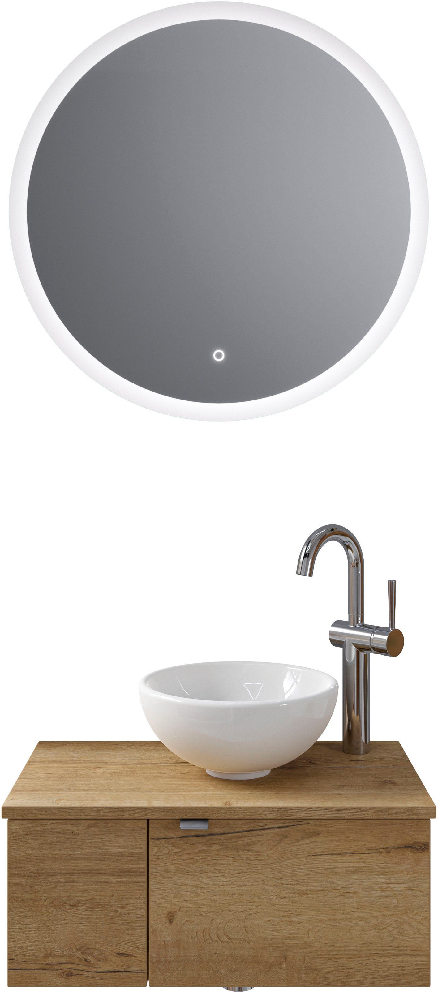 Saphir Badkamerserie Serie 6915 Gastenbadkamer, 70 cm breed, met led-spiegel, open vak en 2 deuren (4-delig) badmeubelsets bruin