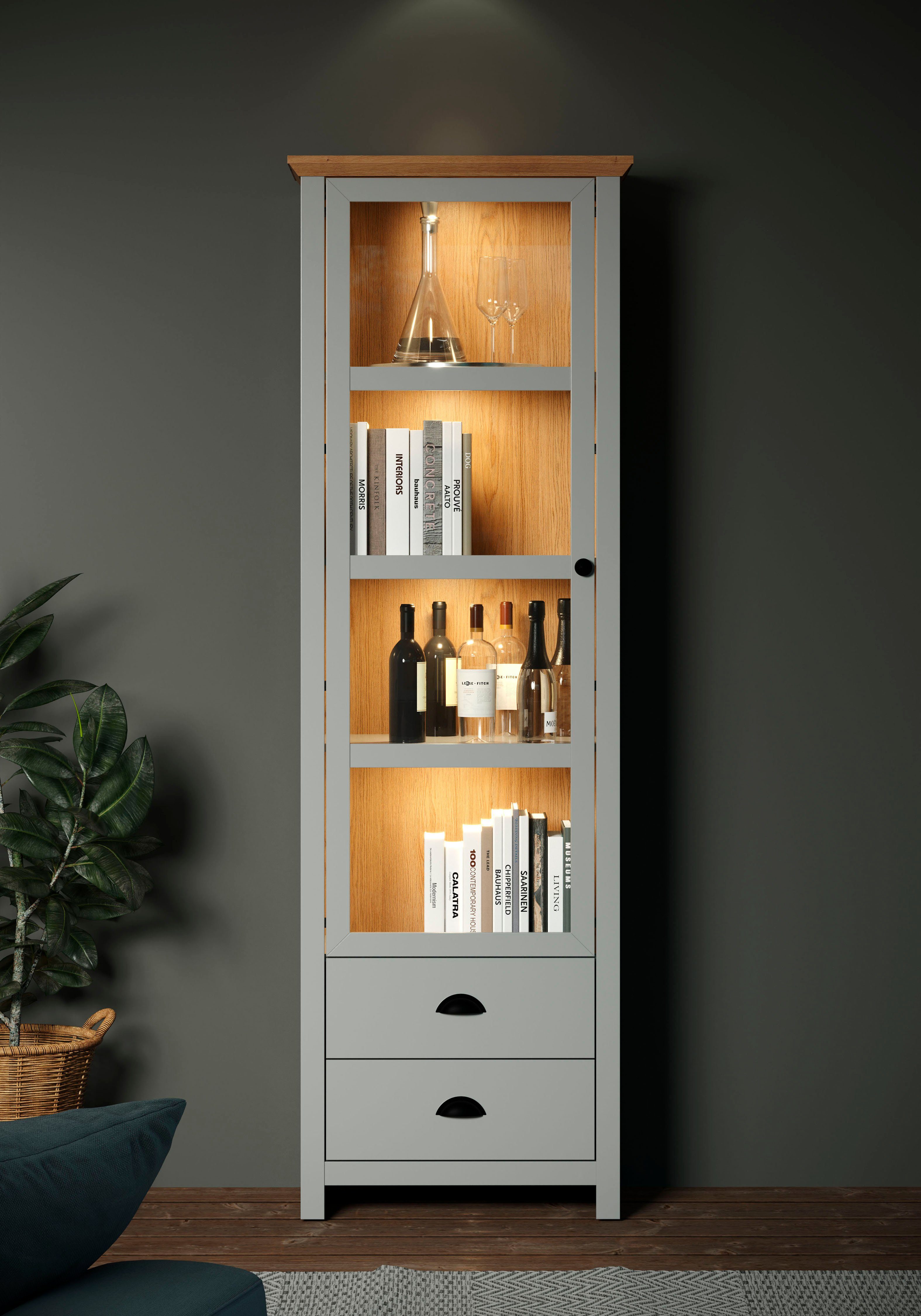 Home affaire Vitrinekast Herzwill lichtgrijs / artisan eiken, mat, 65 x 201 cm, met glasdeur