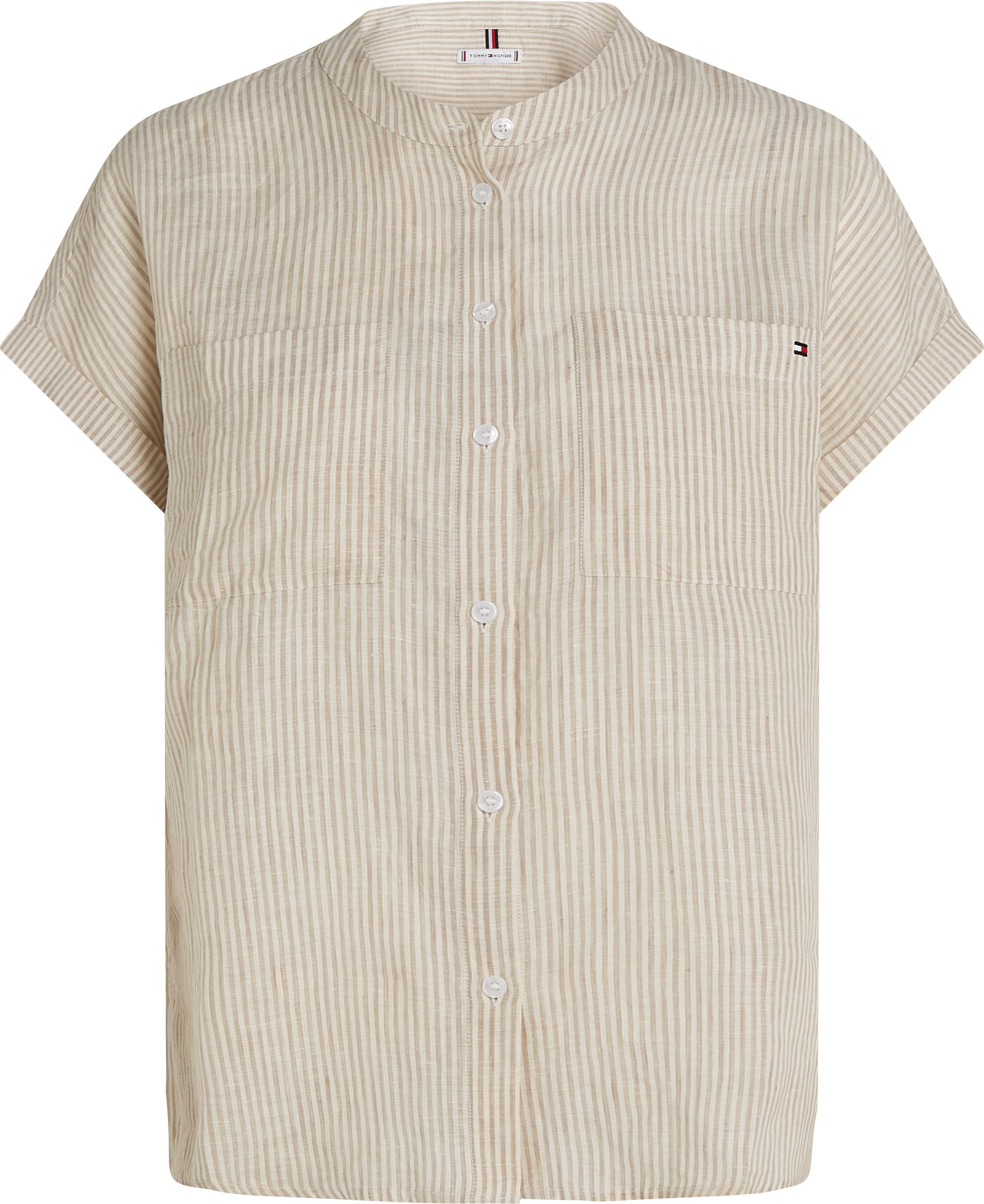Tommy Hilfiger Blouse met korte mouwen ESS LINEN COLLARLESS S/S BLOUSE met logo-borduursel, verkoelend premium linnen