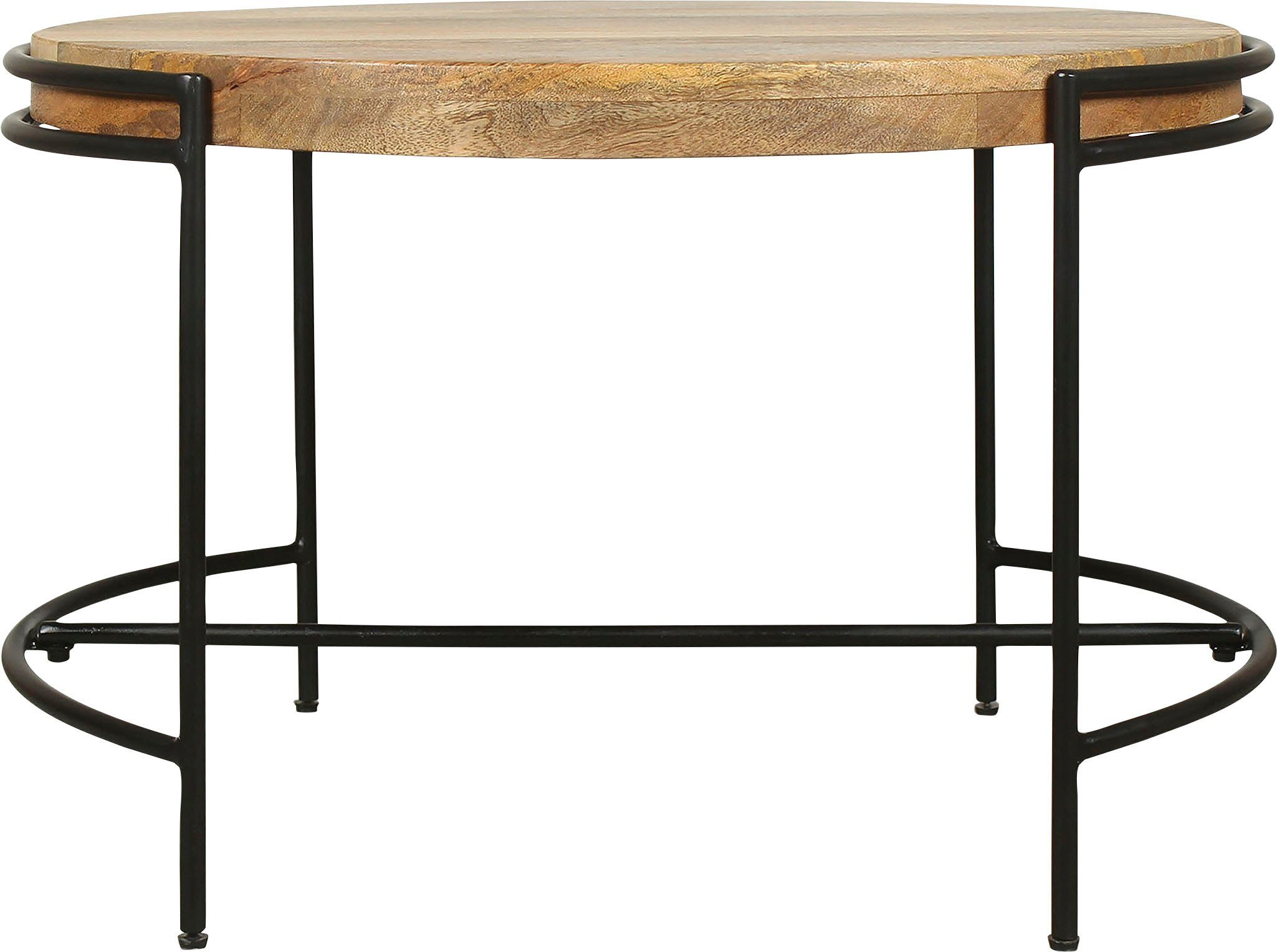 byLIVING Salontafel Hanna massief mango tafelblad 35 mm en zwarte metalen poten, rond 60 cm