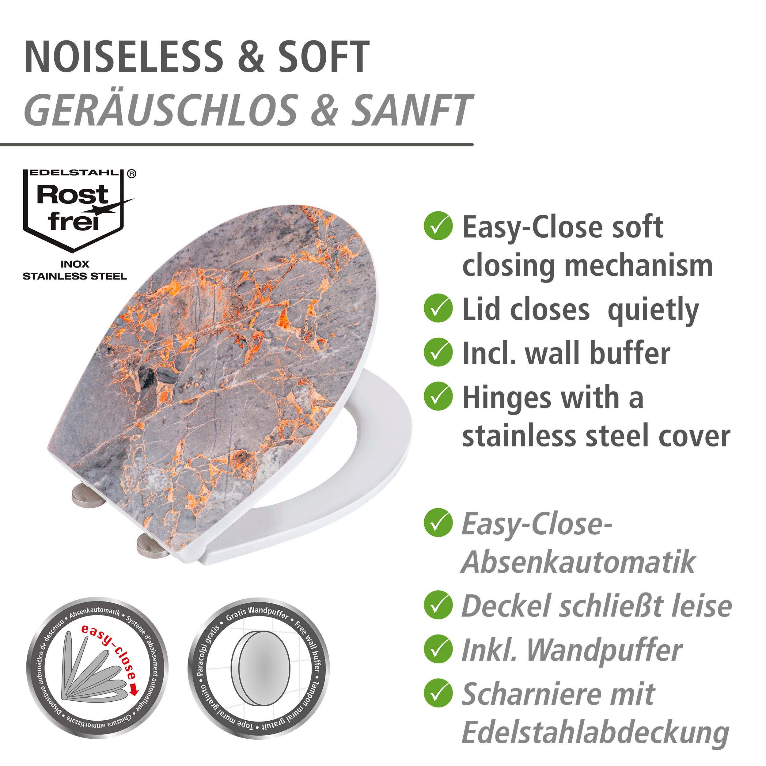 WENKO Toiletzitting Grey Marble met reliëf, van antibacteriële duroplast