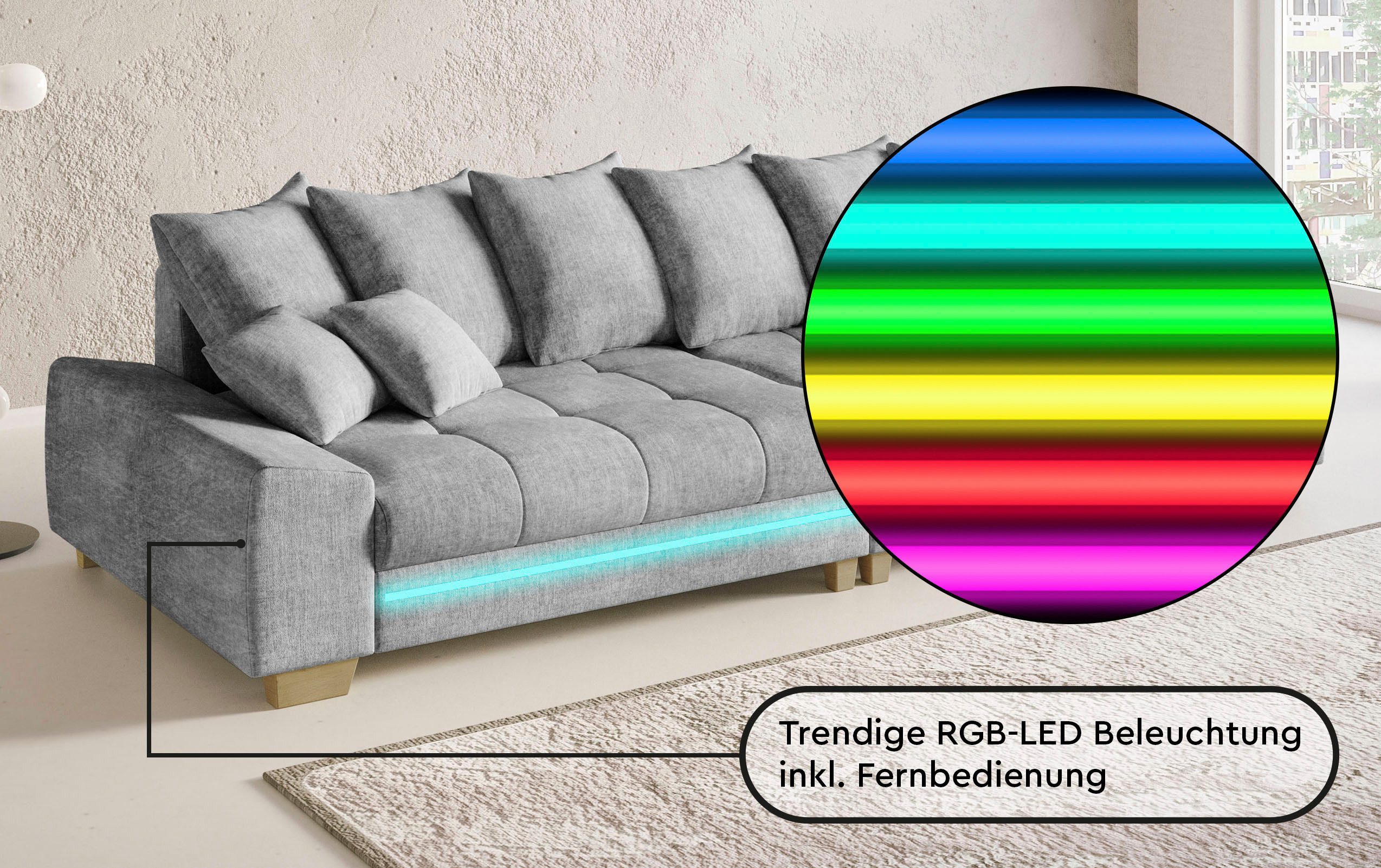 Mr. Couch Megabank Nikita II met rgb-led-verlichting, koudschuim bekleding tot 140 kg belastbaar
