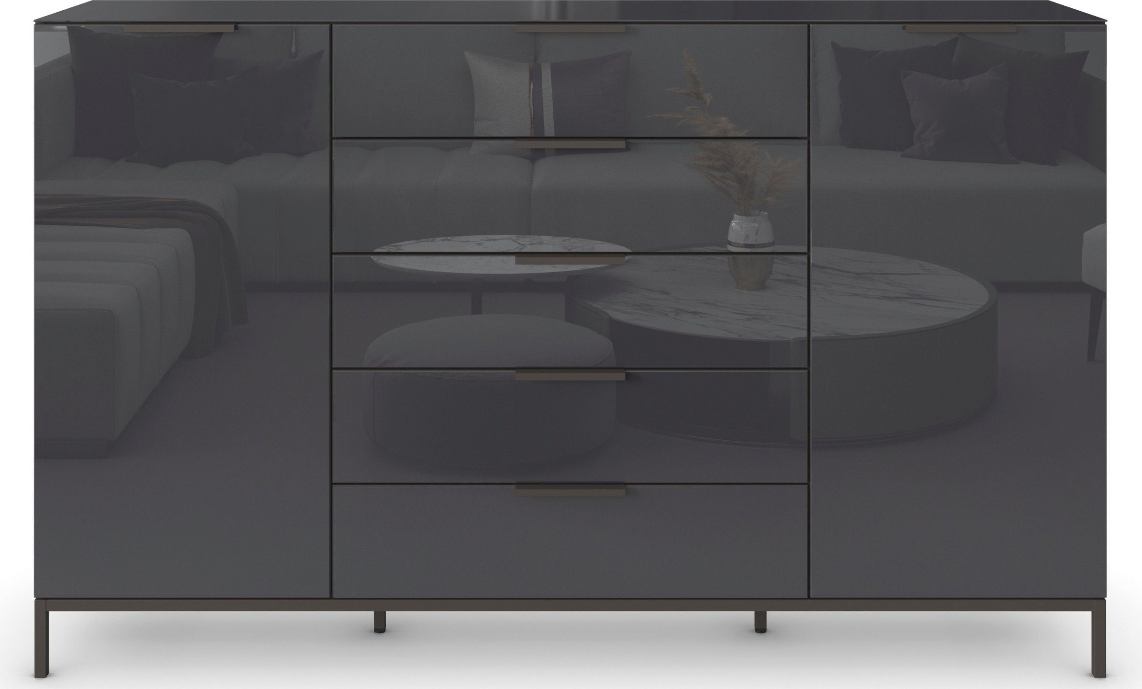 rauch Ladekast Flipp kast sideboard waskast bestseller 2-deurs, 5 laden, soft-close, bovenblad en glazen front, 2 breedtes
