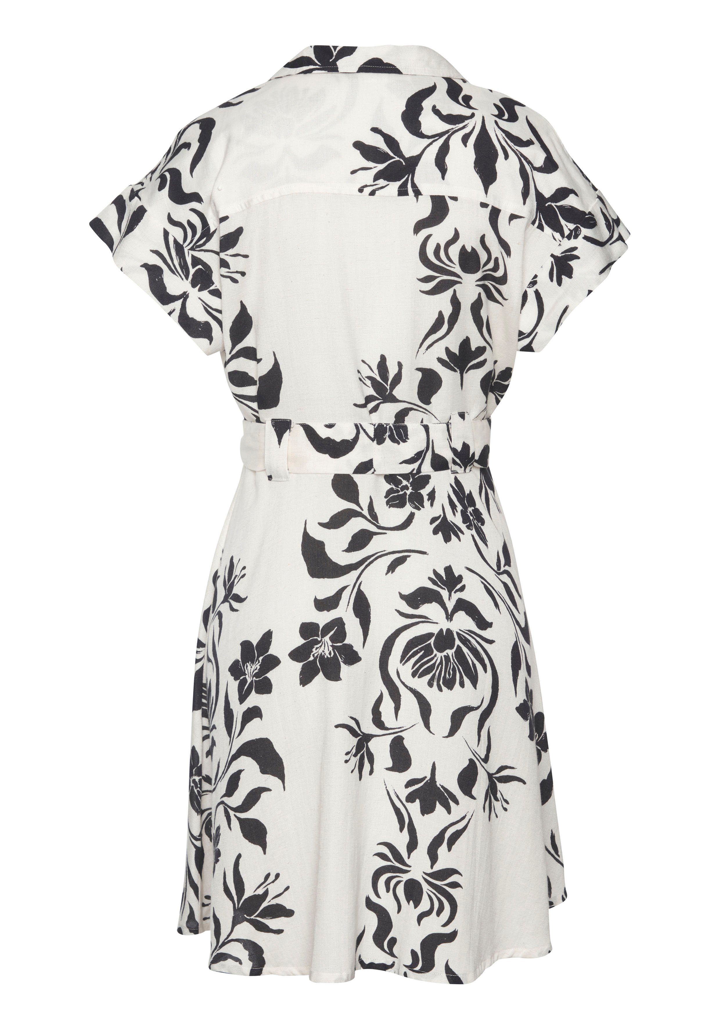 Lascana Jurk met overhemdkraag van linnenmix luchtige zomerjurk met bloemenprint strandjurk (Met een bindceintuur)