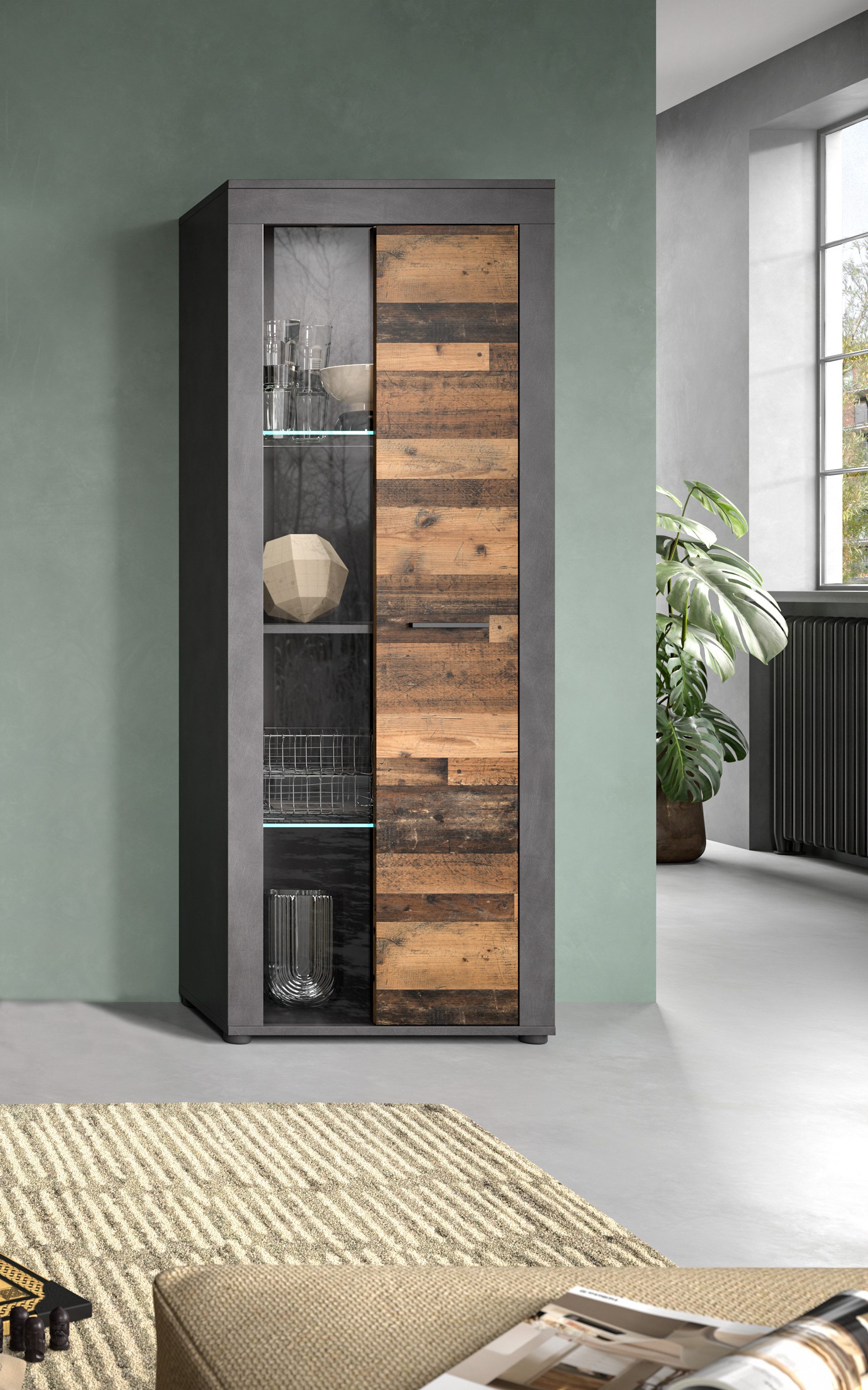 INOSIGN Vitrinekast Aosta, hoogte 159 cm, in verschillende kleuruitvoeringen 1 deur, 3 legplanken, 4 vakken, woonkamer, staande vitrine, glazen vitrine