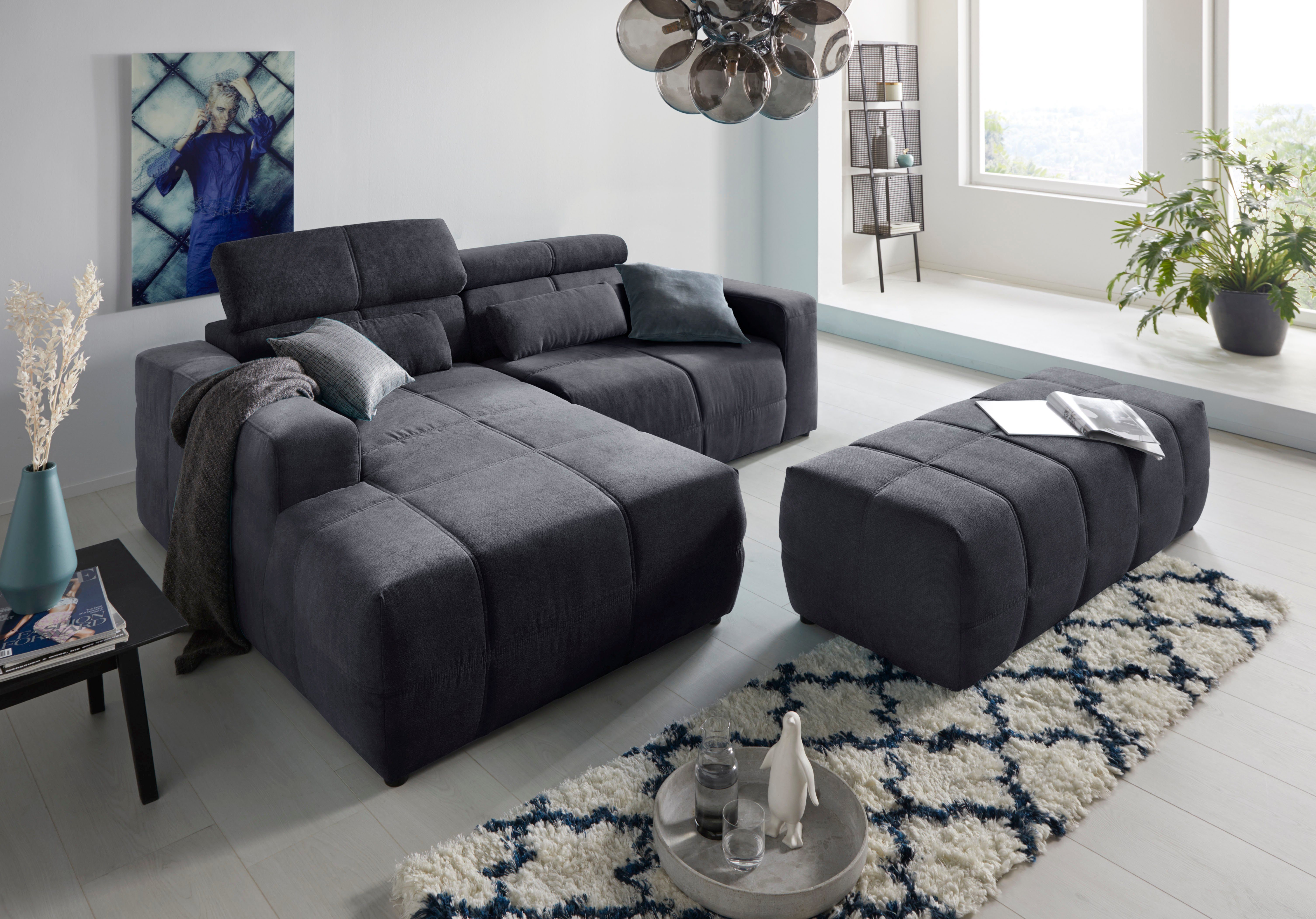 DOMO collection Hoekbank Brandon kleine versie BxDxH: 214x100x80 cm Met verstelbare hoofdsteun, ook in leer en cord, L-model