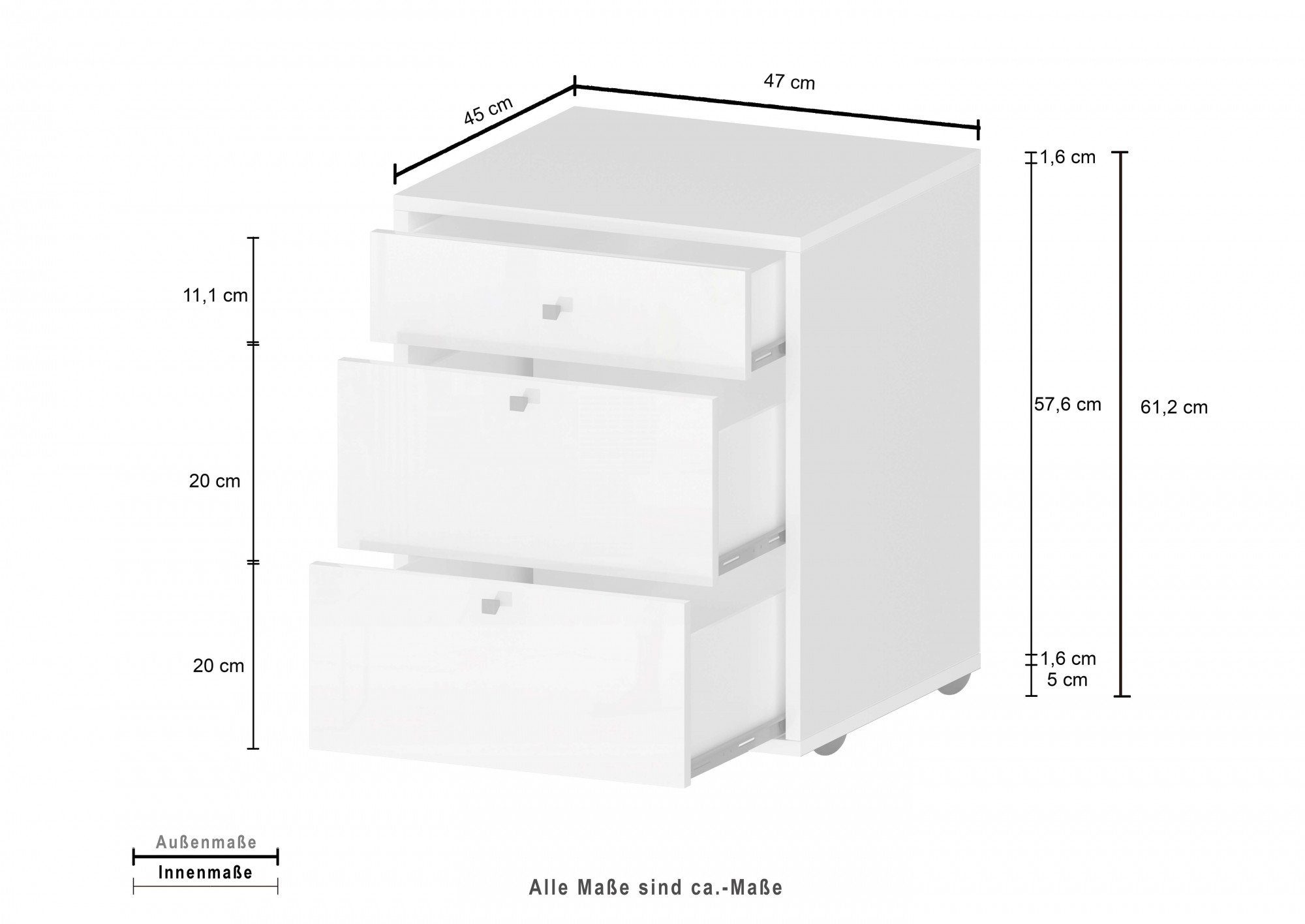 INOSIGN Kastje op wieltjes Eet met 3 laden, ladeblok met wielen, hoogte 61 cm (1 stuk)