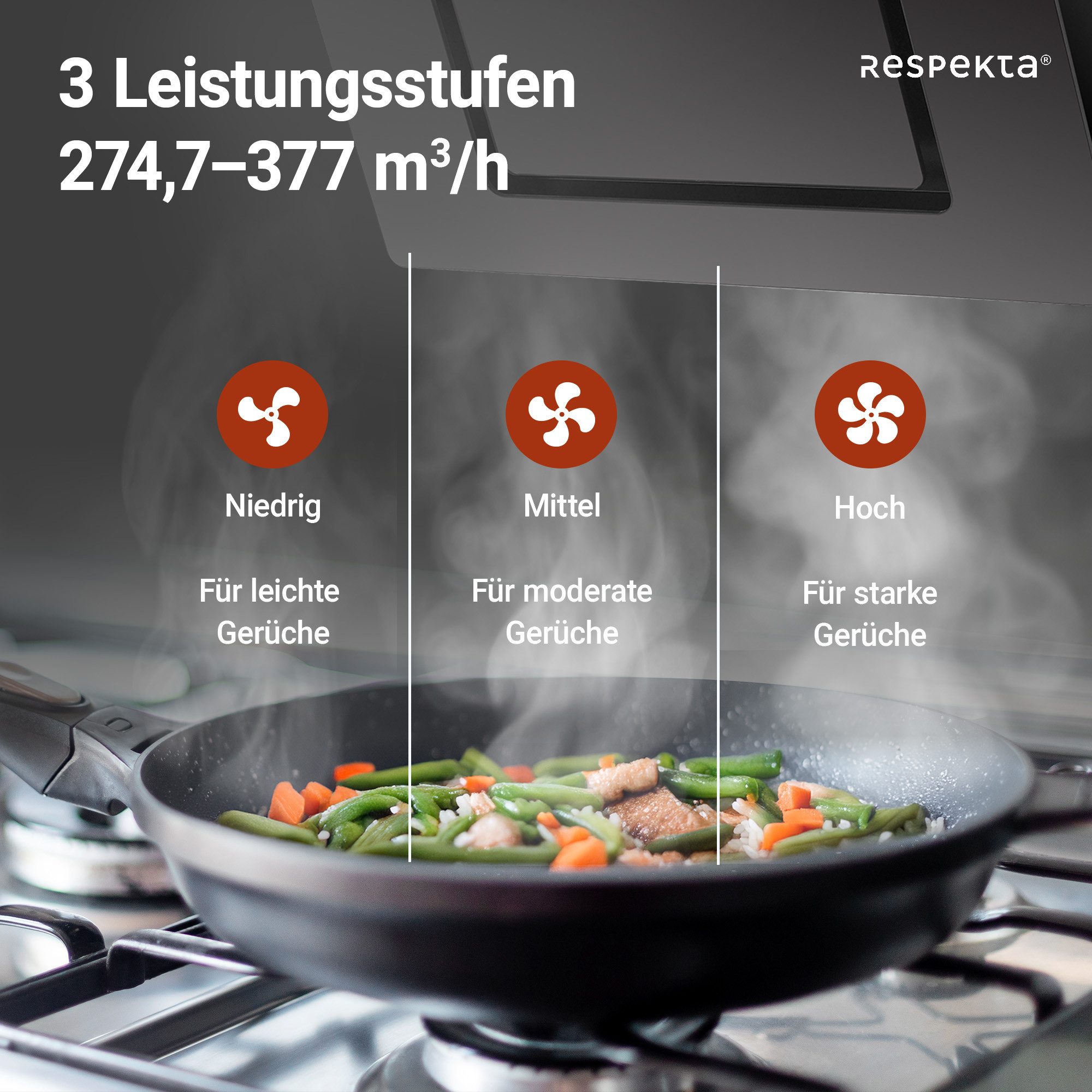 RESPEKTA Schuine wandkap CH22010 60 cm, 3 vermogensniveaus, led-verlichting, geschikt voor afzuiging en recirculatie