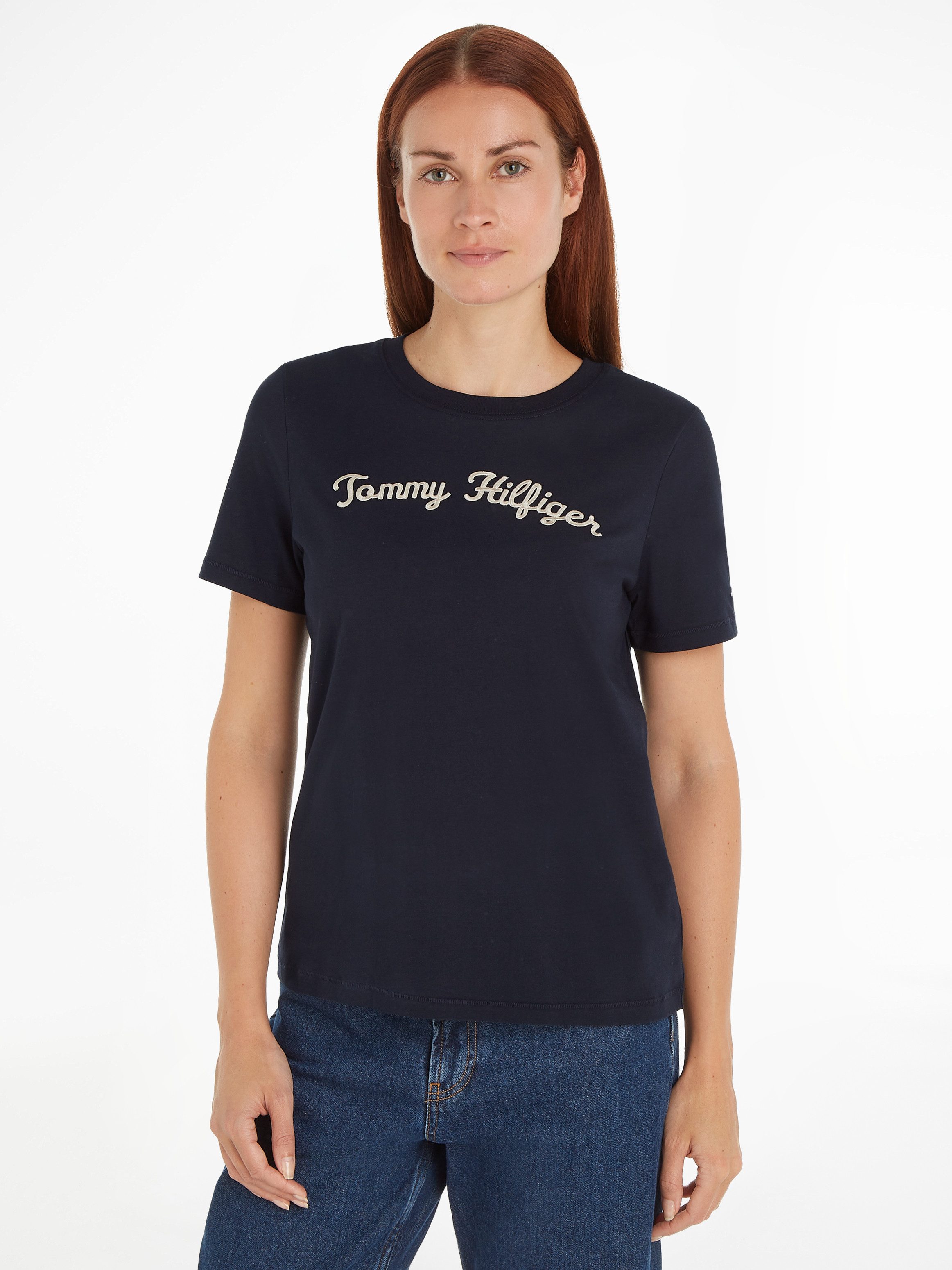 Tommy Hilfiger Shirt met korte mouwen REG SCRIPT C-NK SS met script-logo-opschrift