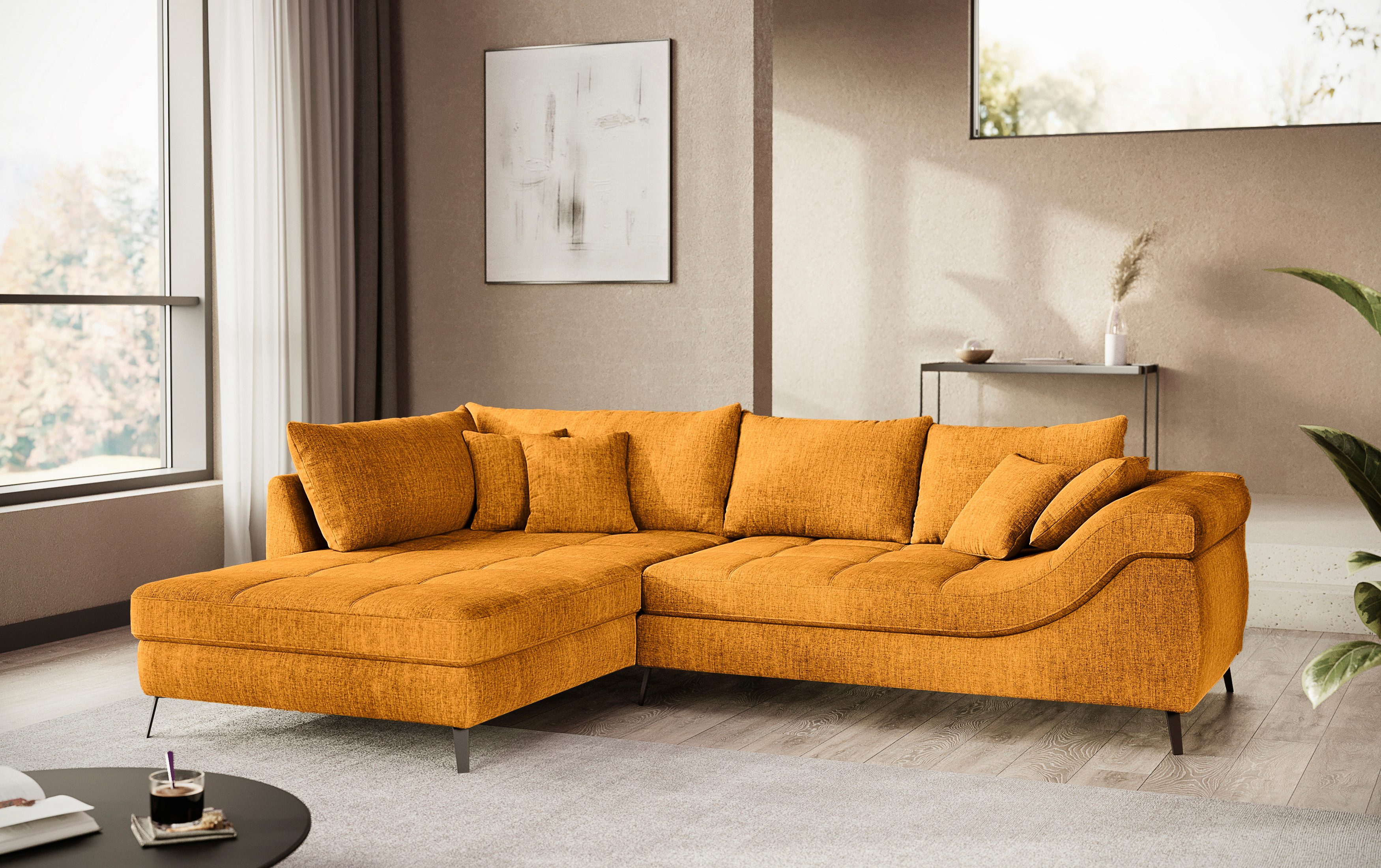 Mr. Couch Hoekbank Portofino L-vorm 4 bekledingskwaliteiten, 13,5 cm hoge metalen profielvoeten in mat zwart