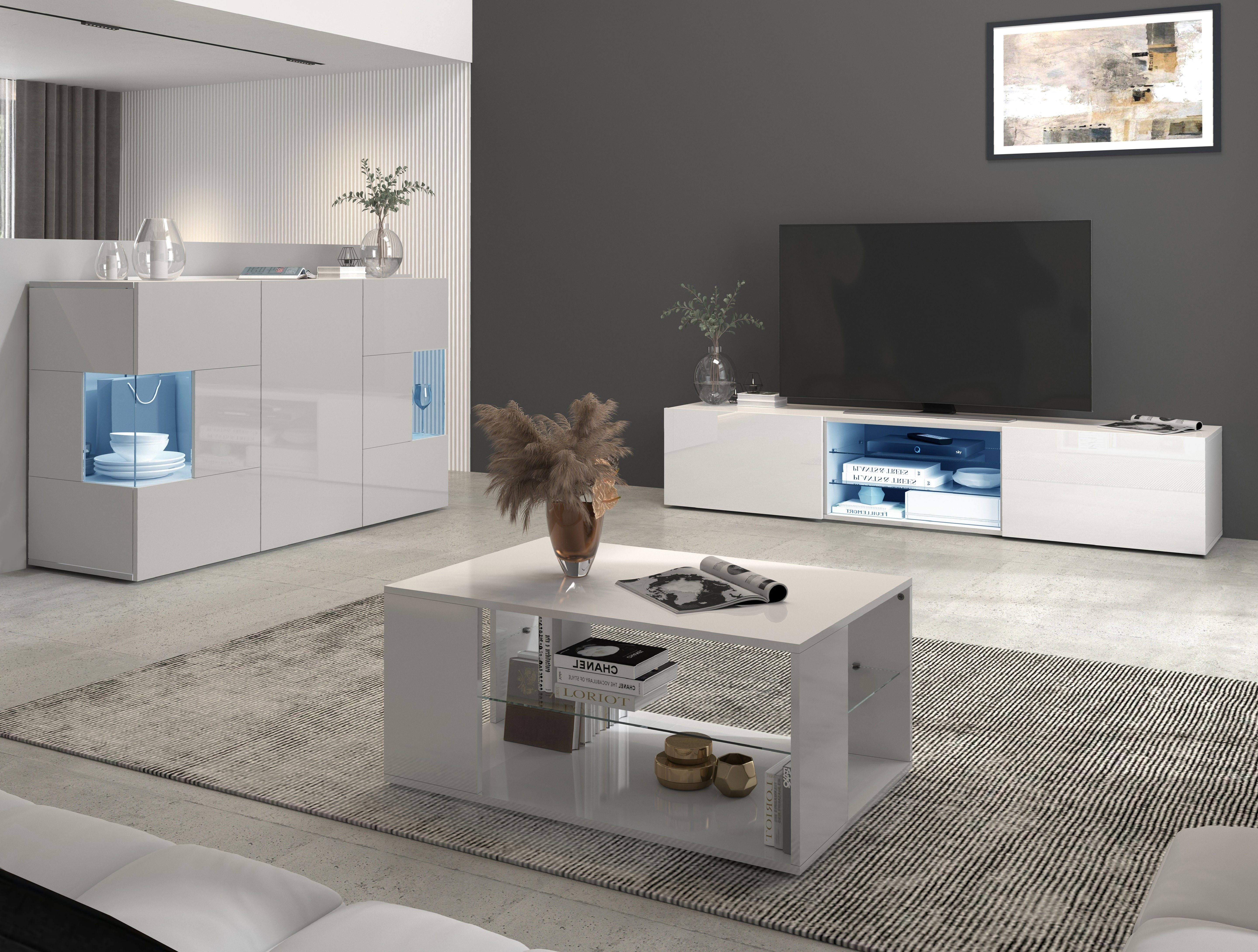 INOSIGN Dressoir Egypte, Ladekast, Kast, Buffet, Vitrine greeploos 3 deuren waarvan 2 met glaselement, volledig hoogglans gelakt breedte 135